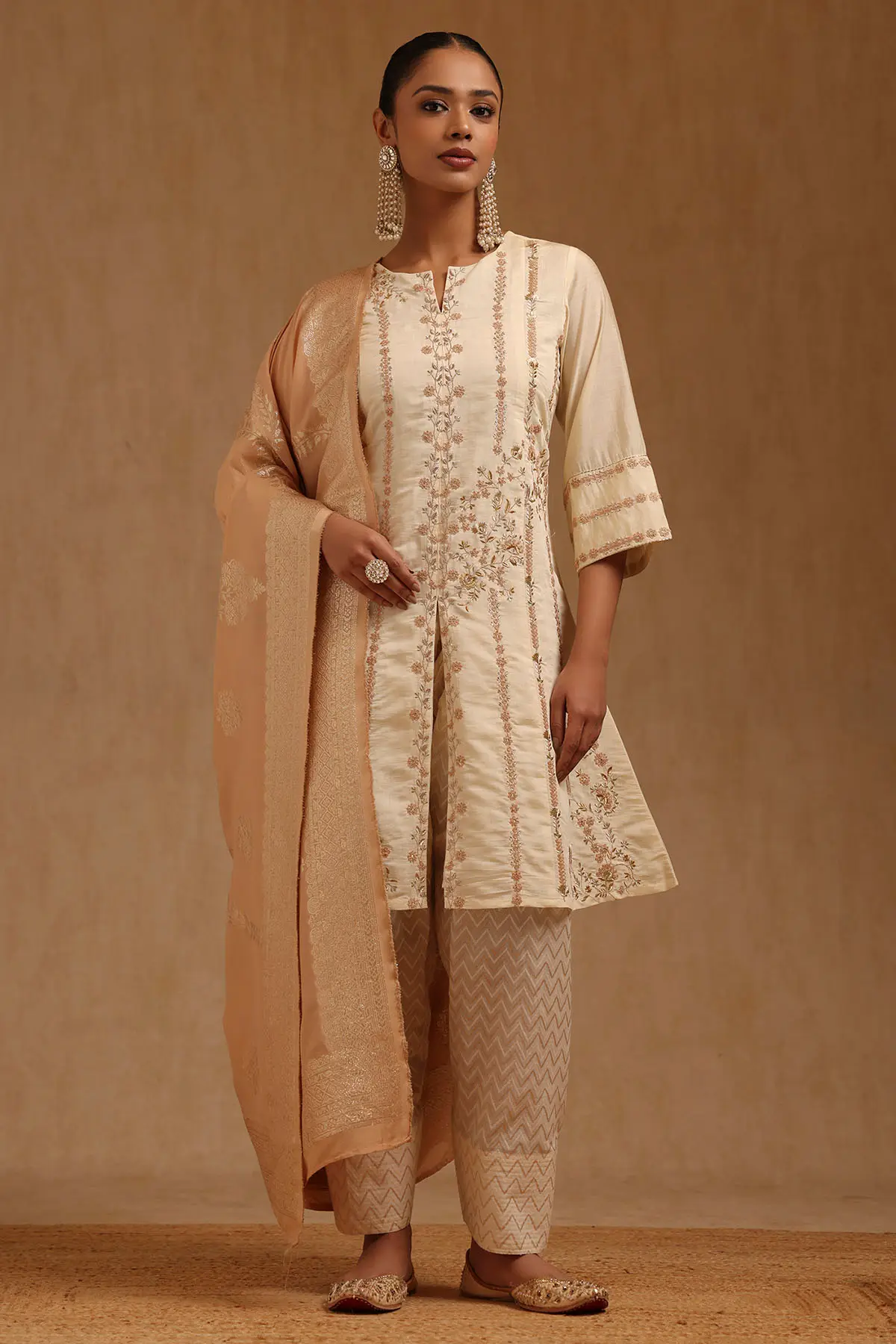 Beige Art Silk Floral Zari Embroidered Salwar Suit | Soch Beige Art Silk Floral Zari Embroidered Salwar Suit | Soch
