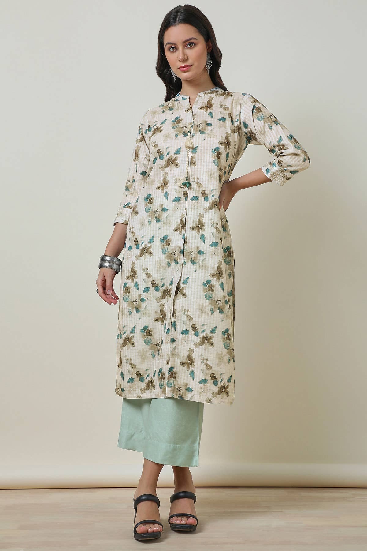 Beige Linen Blend Floral Print Kurta With Tassels | Soch Beige Linen Blend Floral Print Kurta With Tassels | Soch