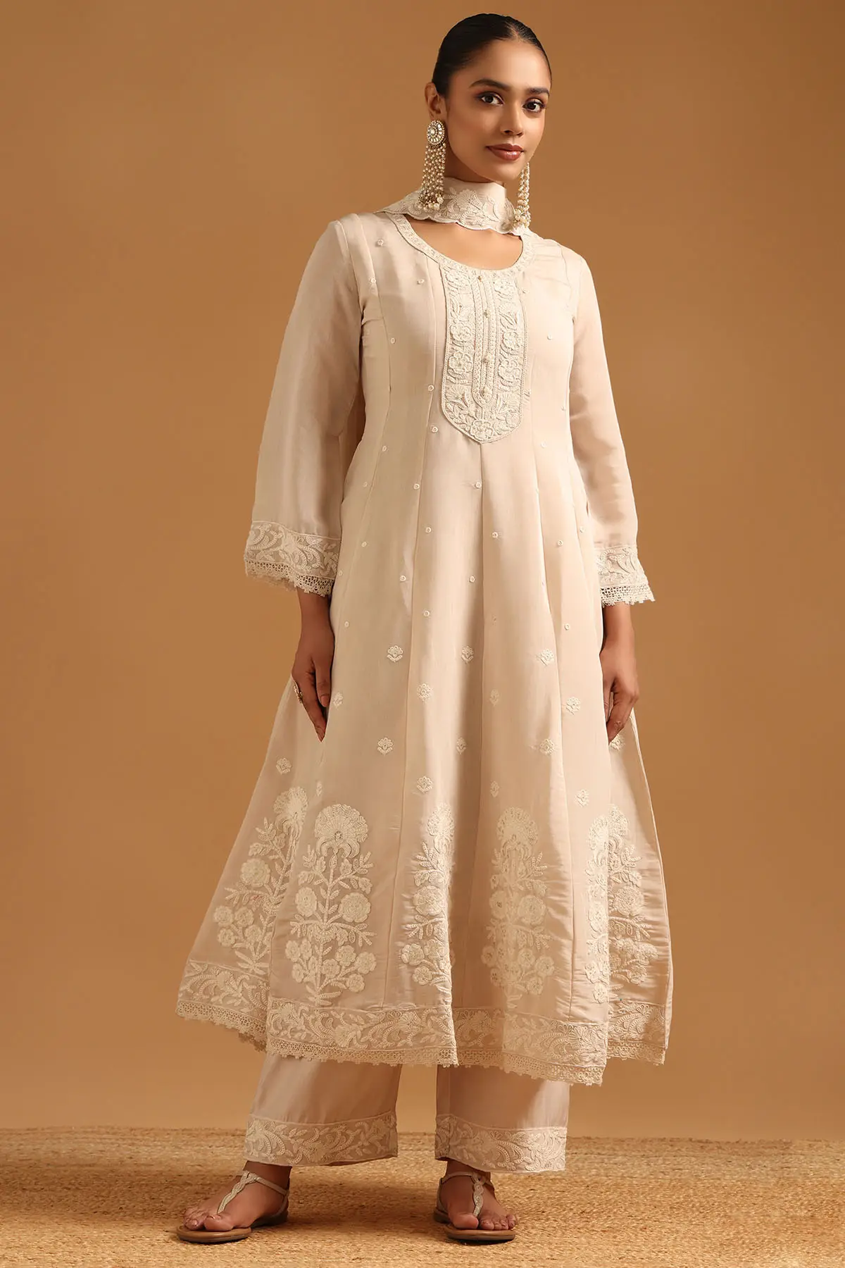 Beige Mul Chanderi Floral Salwar Suit With Dori Embroidery & Stones | Soch Beige Mul Chanderi Floral Salwar Suit With Dori Embroidery & Stones | Soch