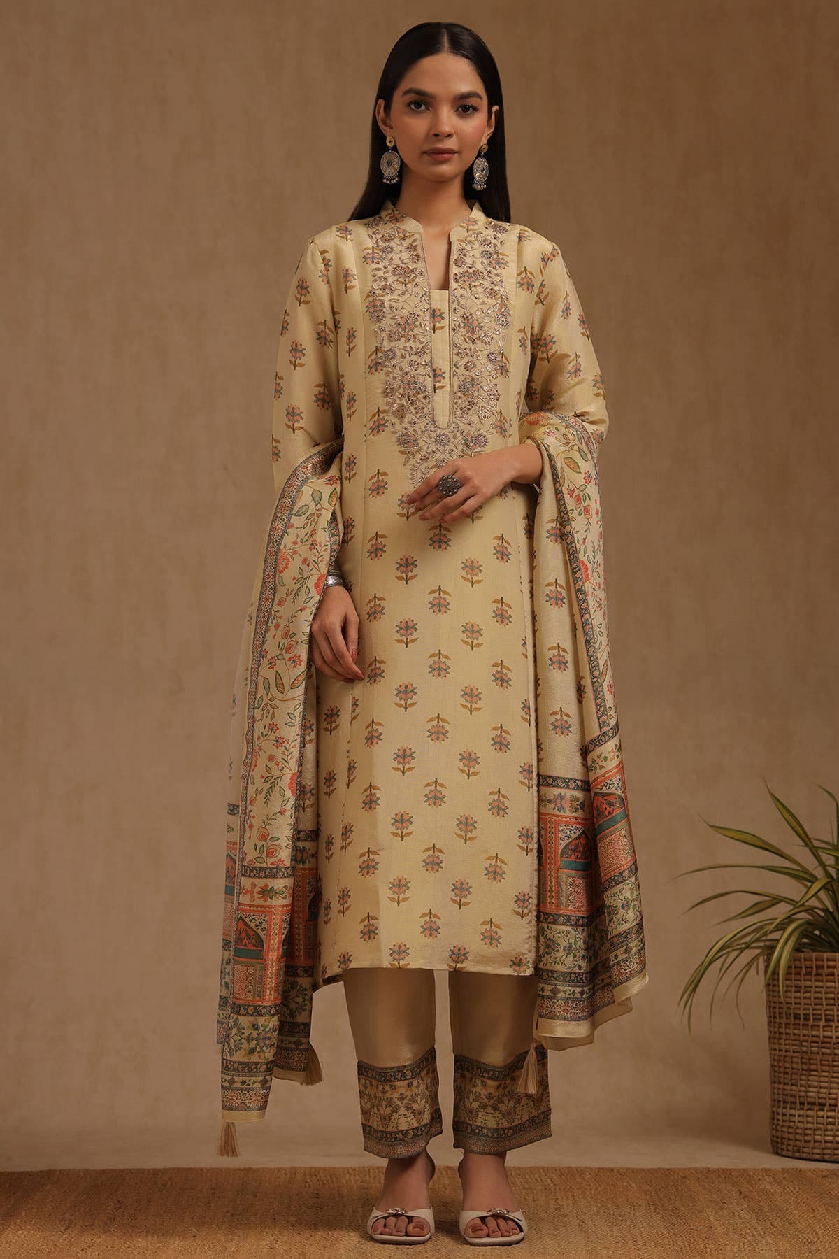 Beige Tissue Embroidered Suit Set With Mirror And Cutdana | Soch Beige Tissue Embroidered Suit Set With Mirror And Cutdana | Soch