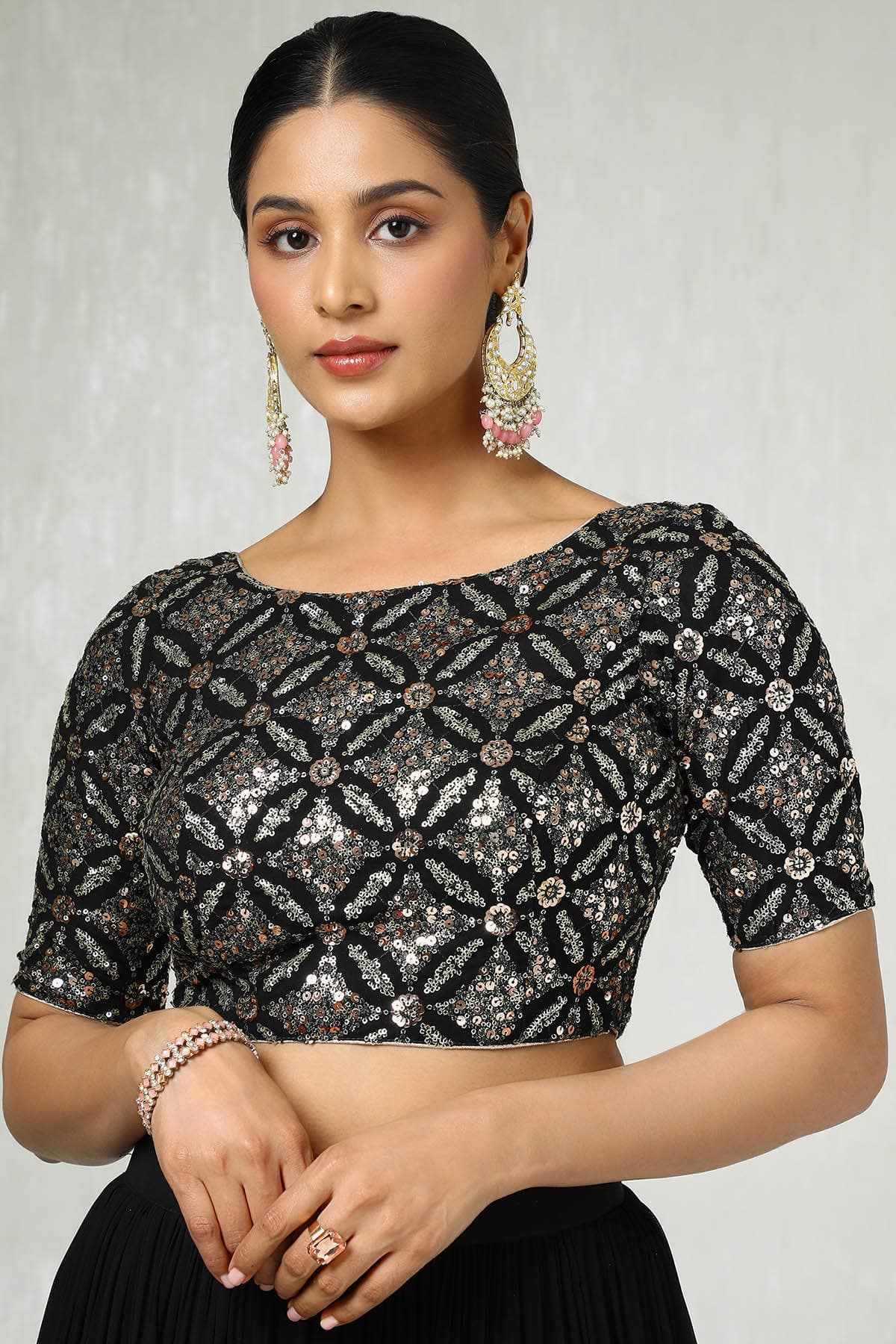 Black Georgette Embellished Padded Blouse With Sequins Black Georgette Embellished Padded Blouse With Sequins
