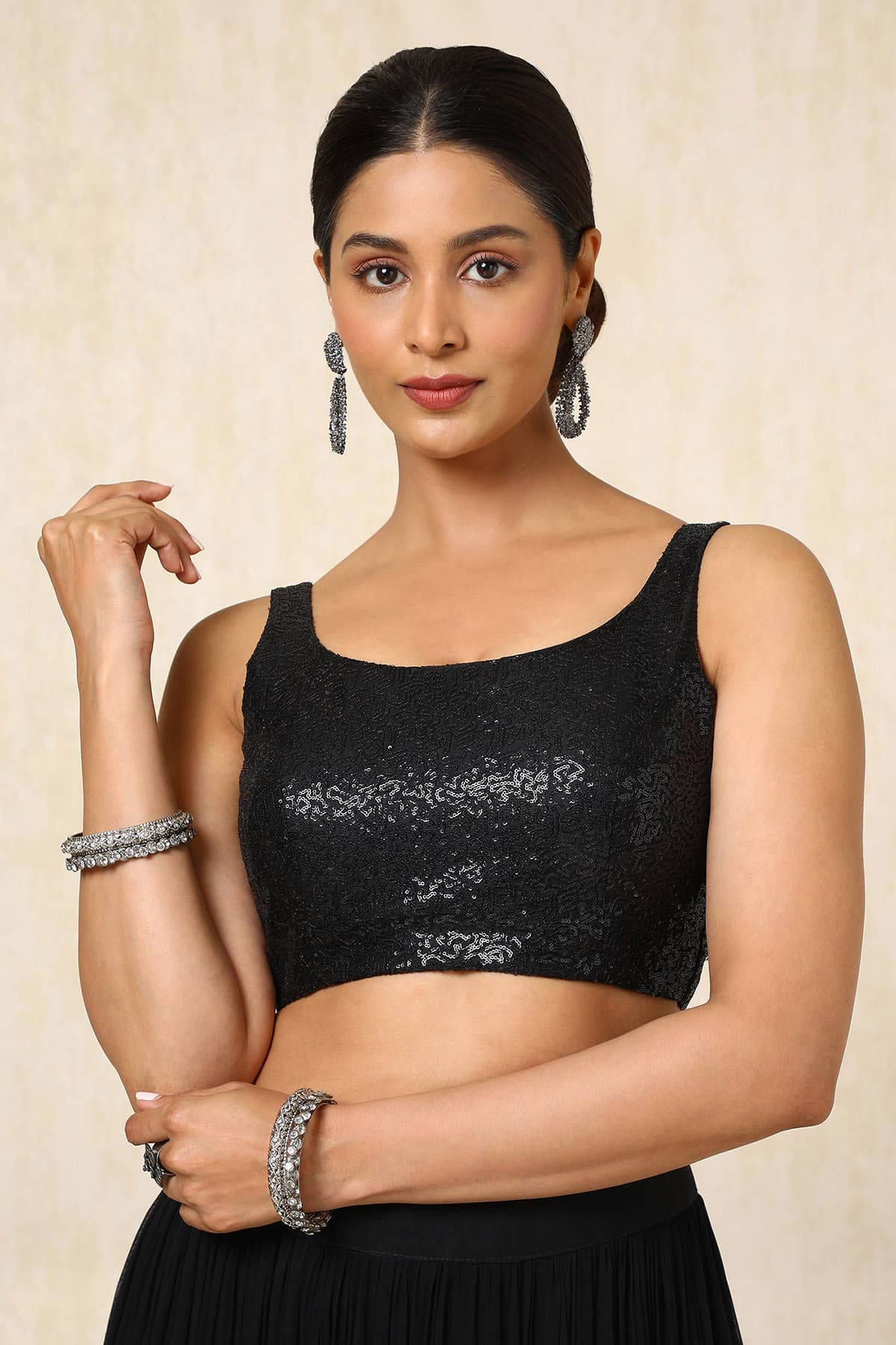 Black Embellished Georgette Padded Blouse With Sequins Black Embellished Georgette Padded Blouse With Sequins