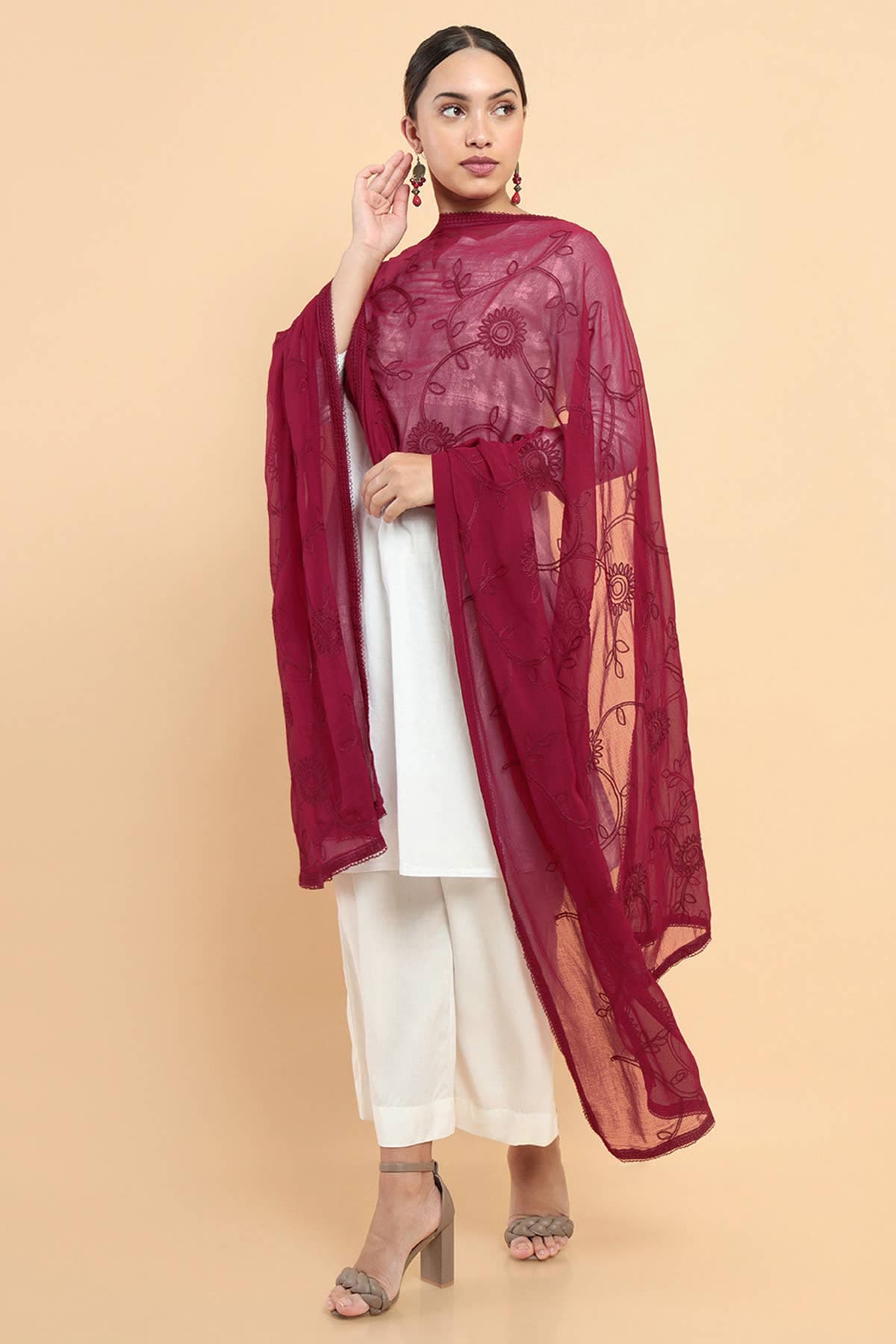 Maroon Chiffon Dupatta With Floral Self Embroidery | Soch Maroon Chiffon Dupatta With Floral Self Embroidery | Soch