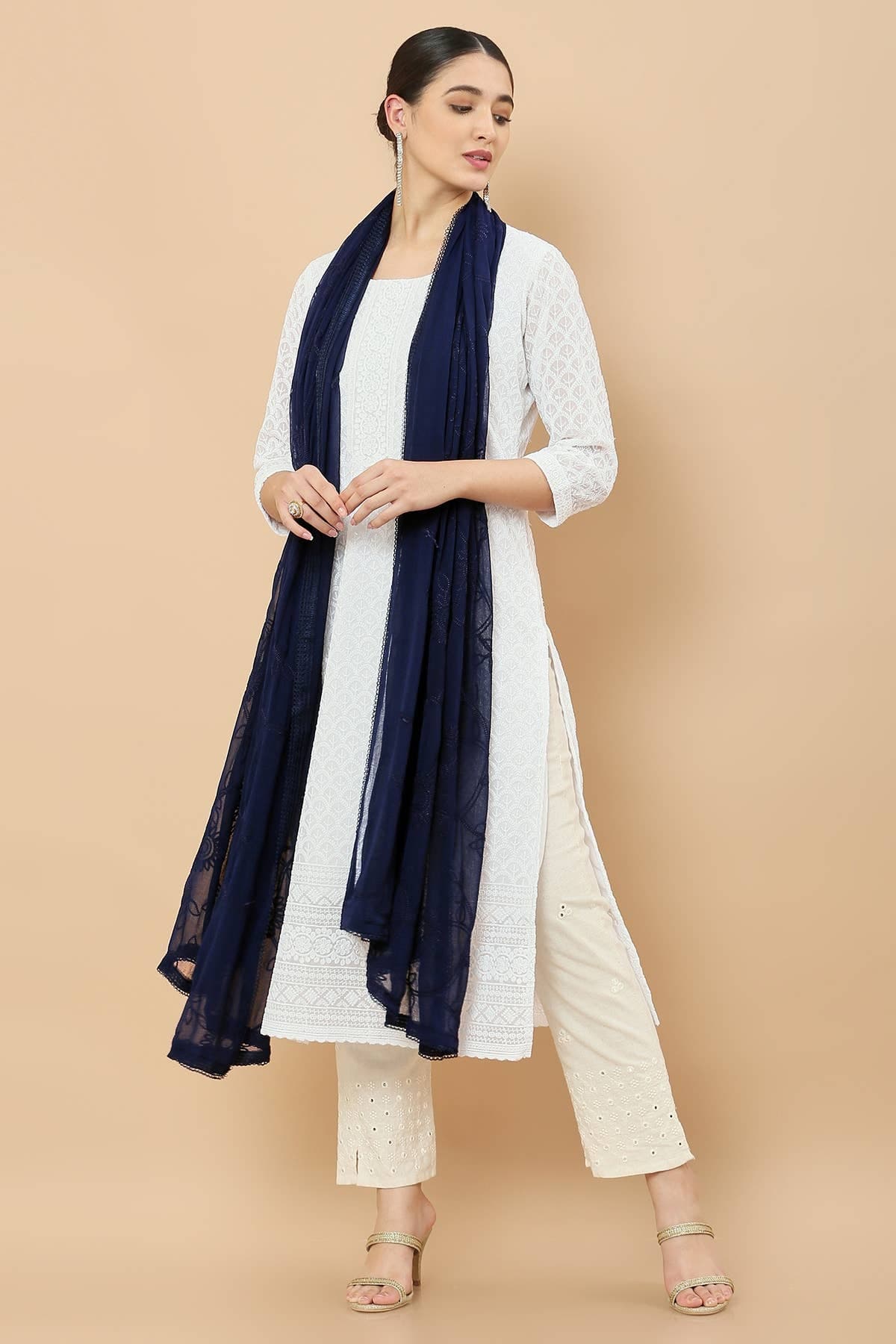 Navy Blue Chiffon Dupatta With Floral Self Embroidery | Soch Navy Blue Chiffon Dupatta With Floral Self Embroidery | Soch