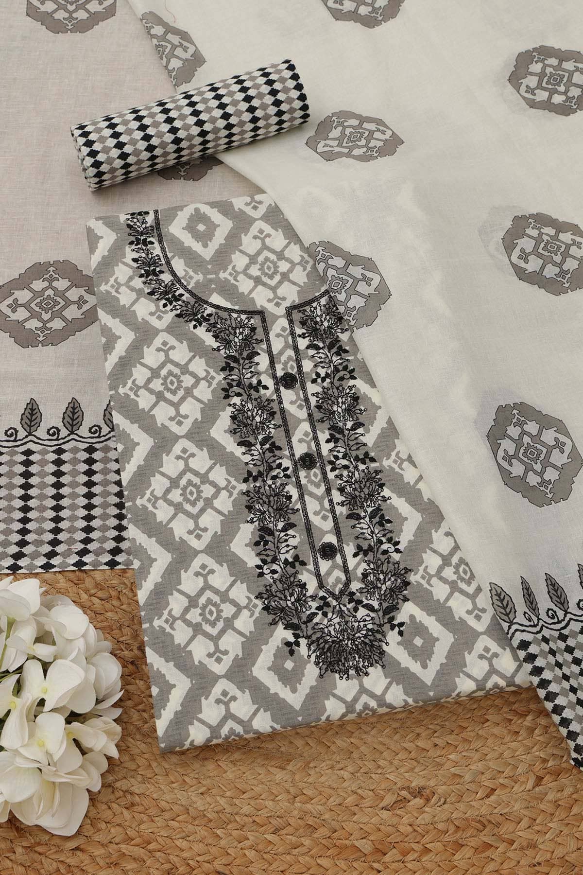 Grey Cotton Ethnic Motifs Dress Material With Sequin Grey Cotton Ethnic Motifs Dress Material With Sequin