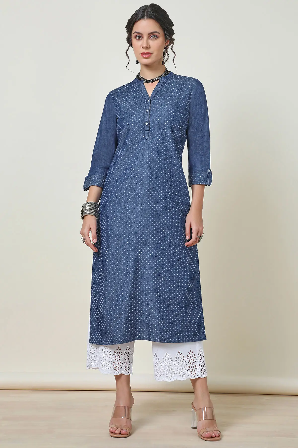 Indigo Mandarin Collar Textured Cotton Blend Kurta | Soch Indigo Mandarin Collar Textured Cotton Blend Kurta | Soch