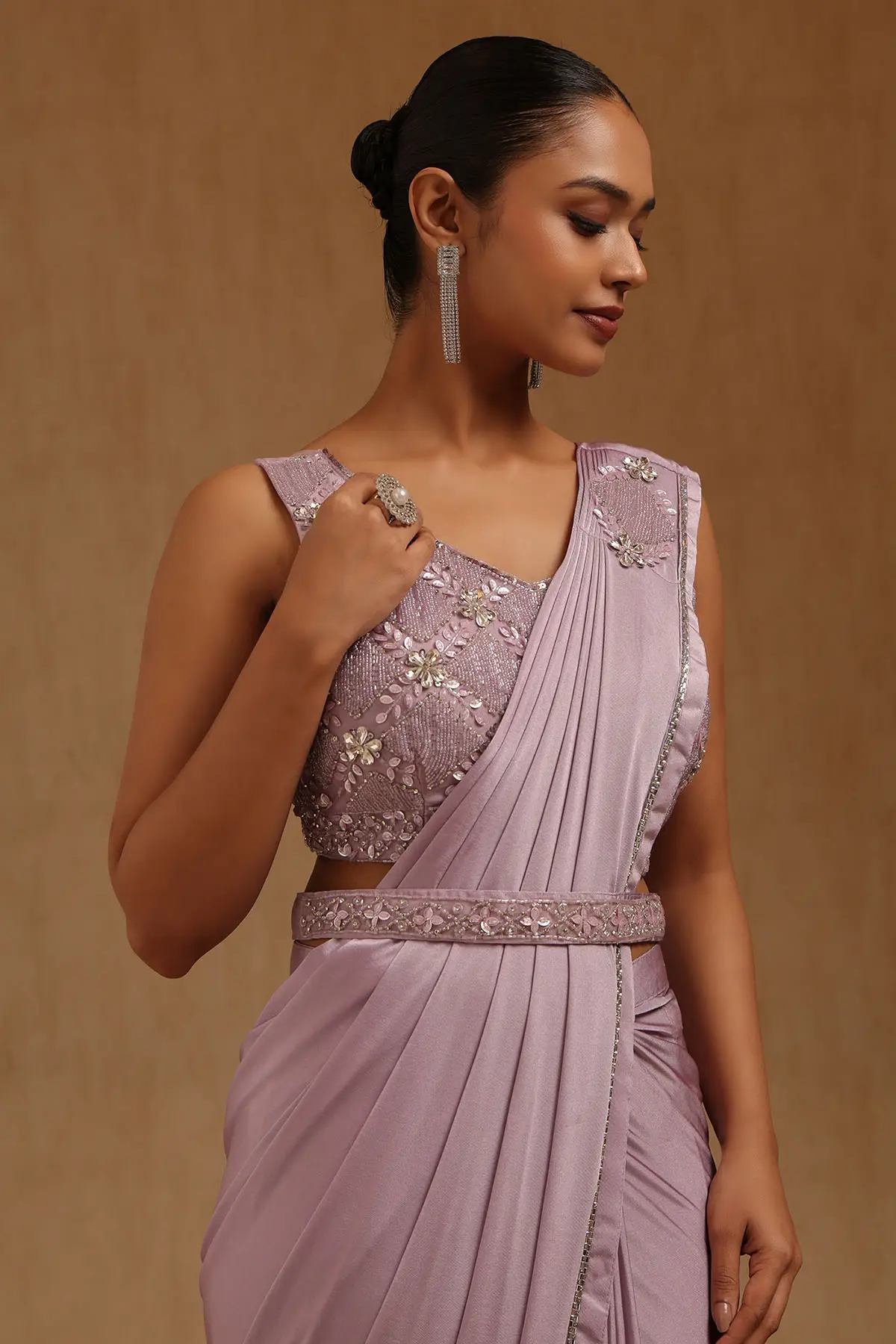 Lavender Spandex Solid Ready To Wear Saree | Soch Lavender Spandex Solid Ready To Wear Saree | Soch