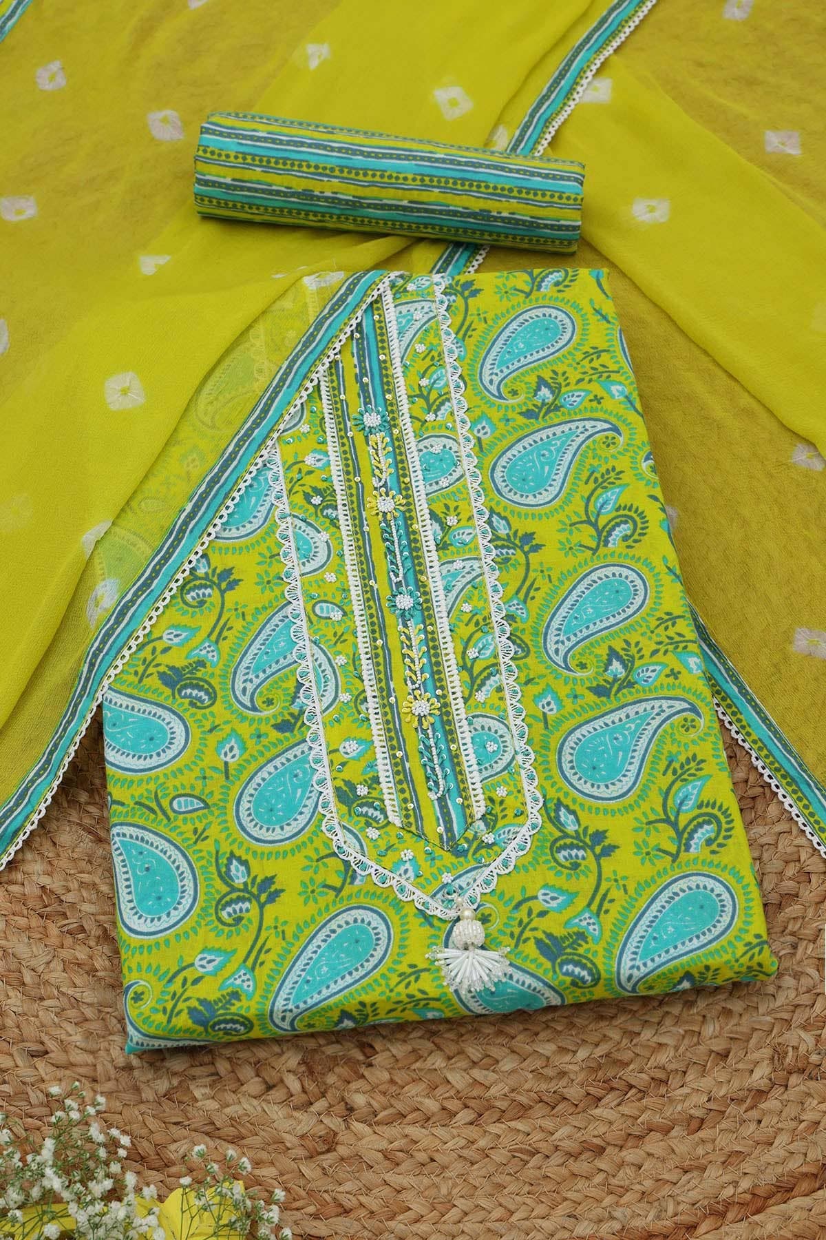 Light Green Cotton Paisley Print Dress Material With Beads Light Green Cotton Paisley Print Dress Material With Beads