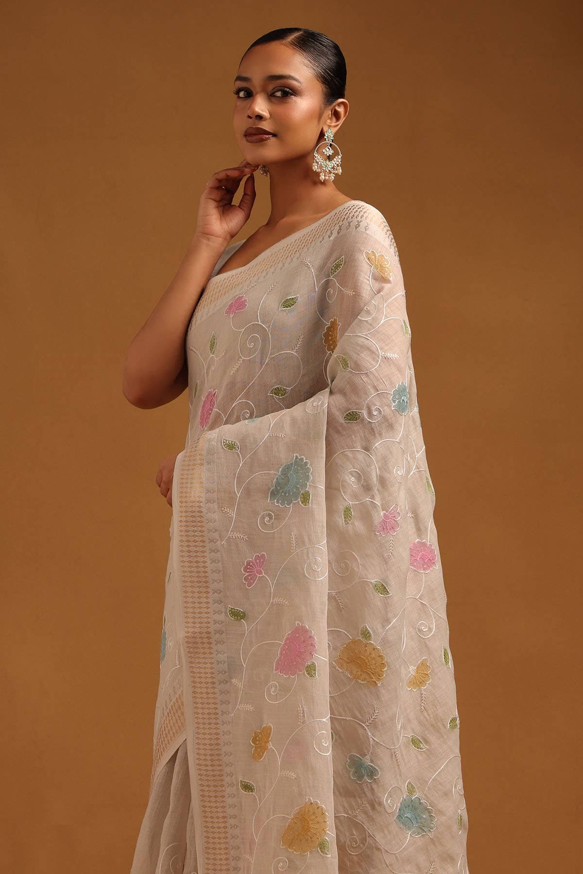 Light Grey Linen Floral Saree With Embroidery and Sequin Details | Soch Light Grey Linen Floral Saree With Embroidery and Sequin Details | Soch