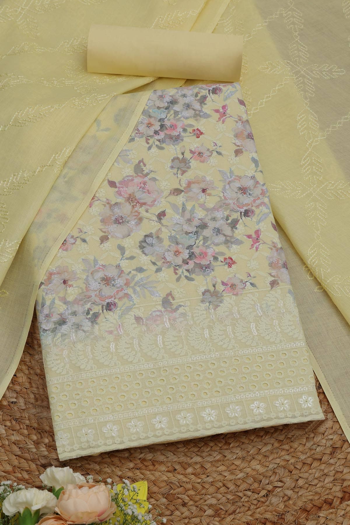 Light Yellow Cotton Floral Print Unstitched Dress Material With Thread Work Light Yellow Cotton Floral Print Unstitched Dress Material With Thread Work