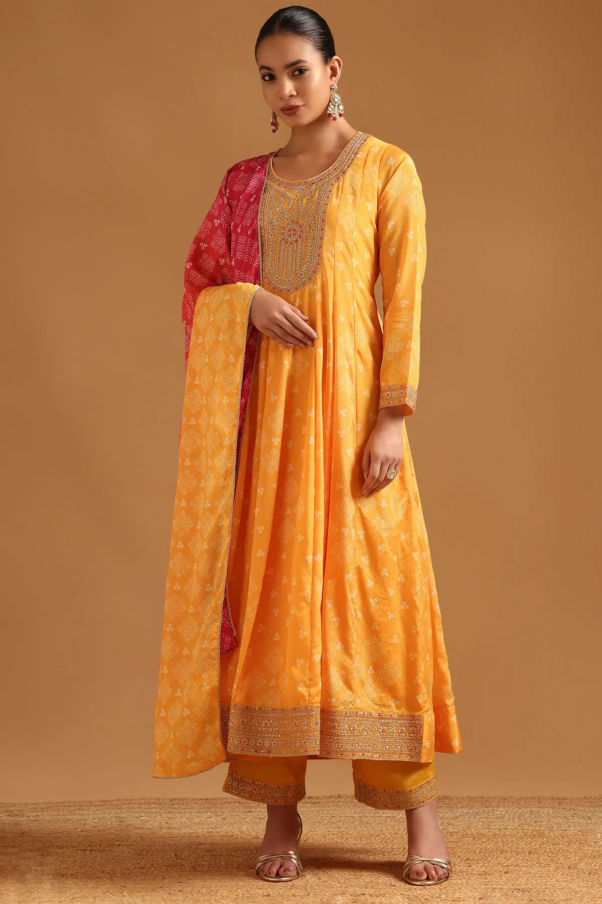 Mustard Chinon Bandhani Salwar Suit With Zari Embroidery | Soch Mustard Chinon Bandhani Salwar Suit With Zari Embroidery | Soch