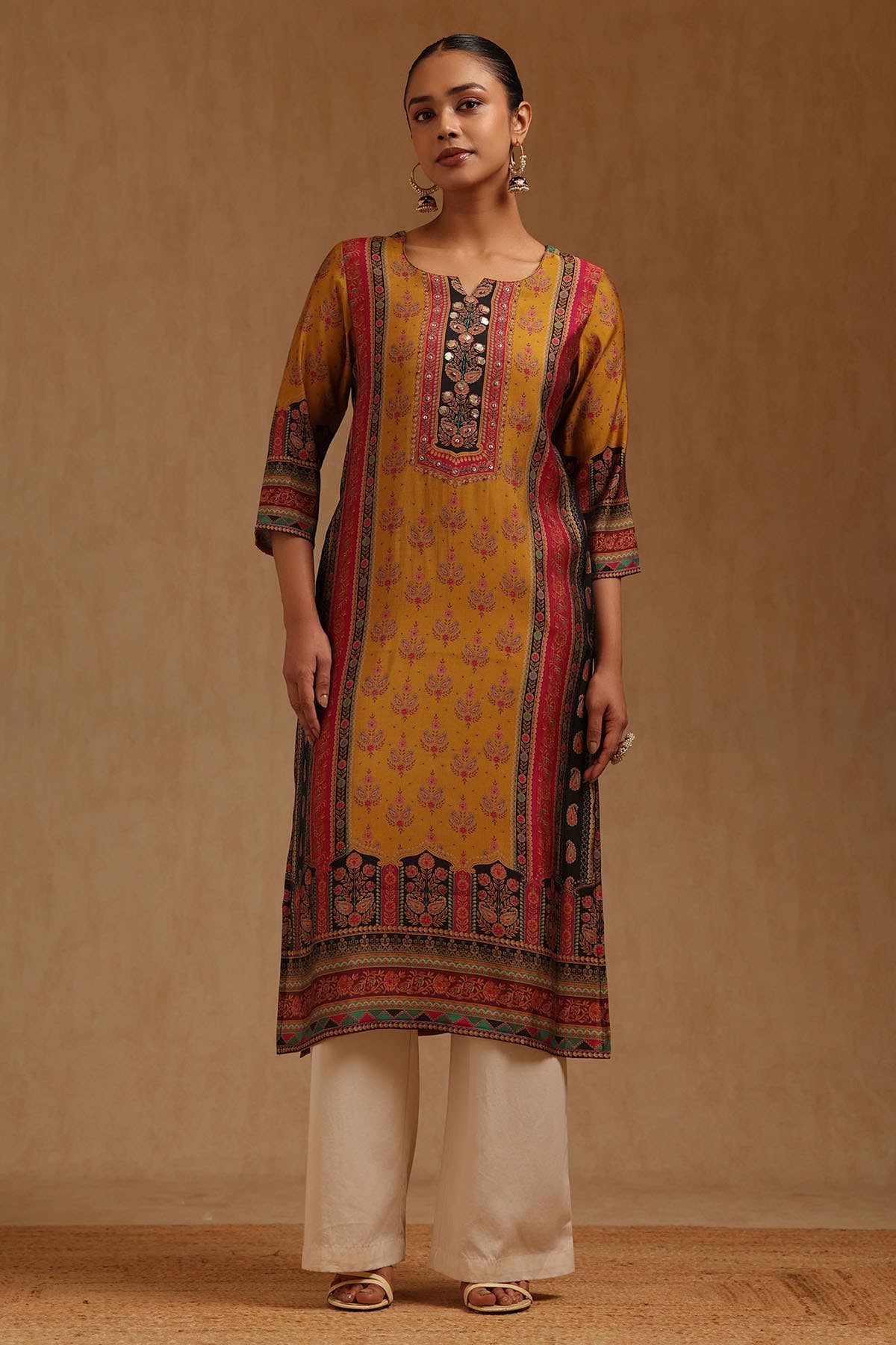 Mustard Roman Silk Ethnic Motifs Hand Embroidered Kurta With Sequins | Soch Mustard Roman Silk Ethnic Motifs Hand Embroidered Kurta With Sequins | Soch