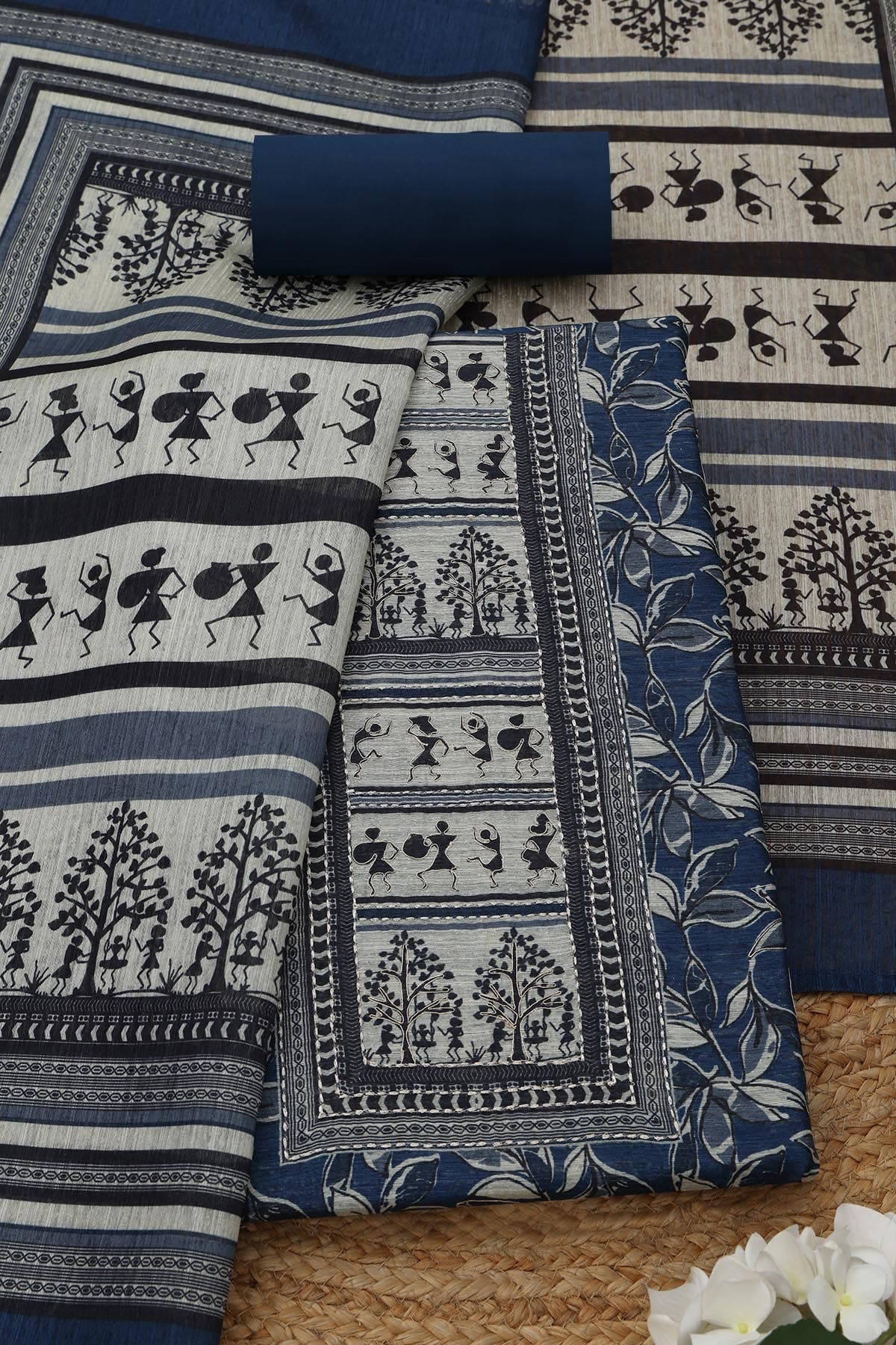 Navy Blue Art Tussar Floral Print Unstitched Dress Material With Zari Navy Blue Art Tussar Floral Print Unstitched Dress Material With Zari