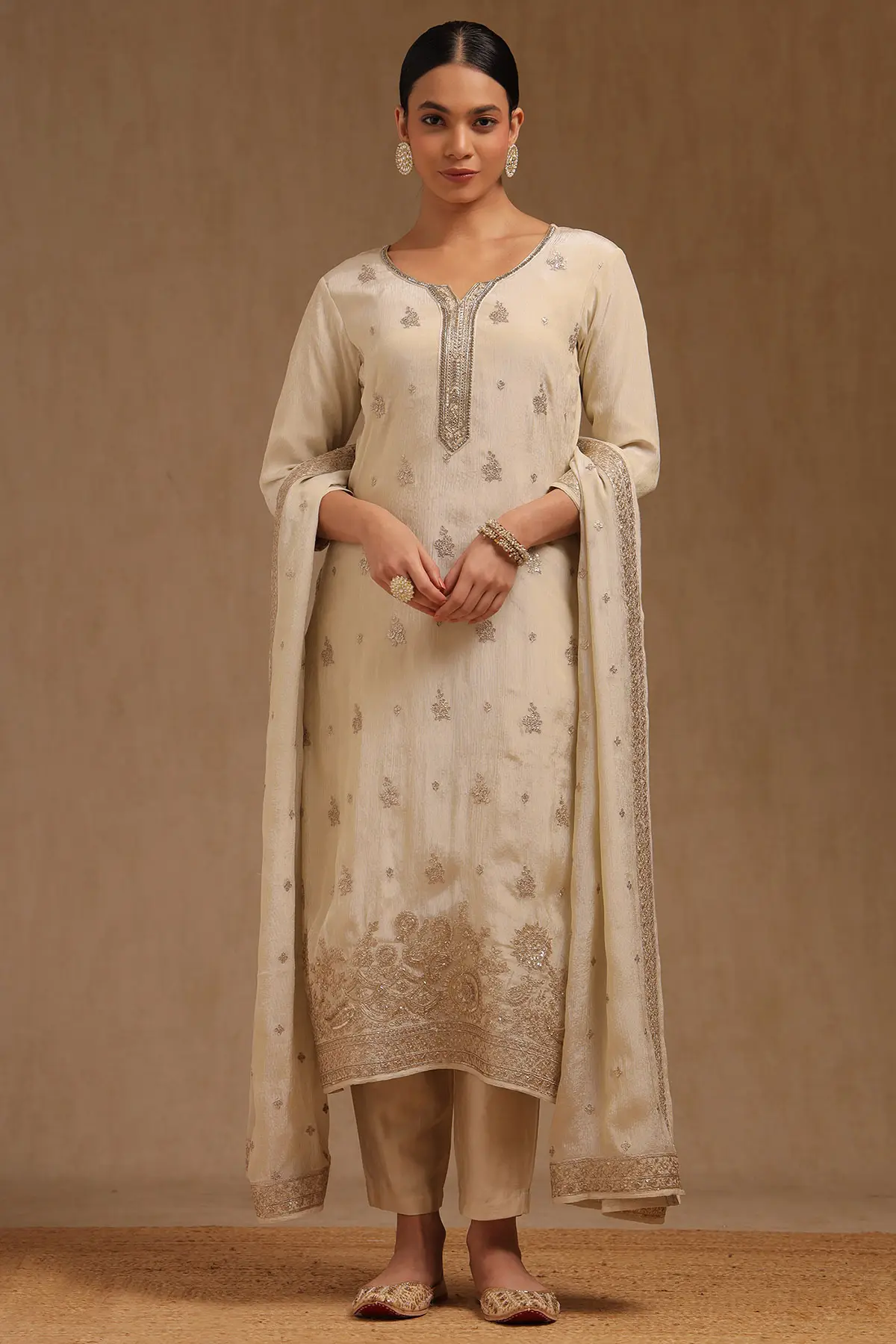 Off White Tissue Embroidered Suit Set Beads And Stones | Soch Off White Tissue Embroidered Suit Set Beads And Stones | Soch
