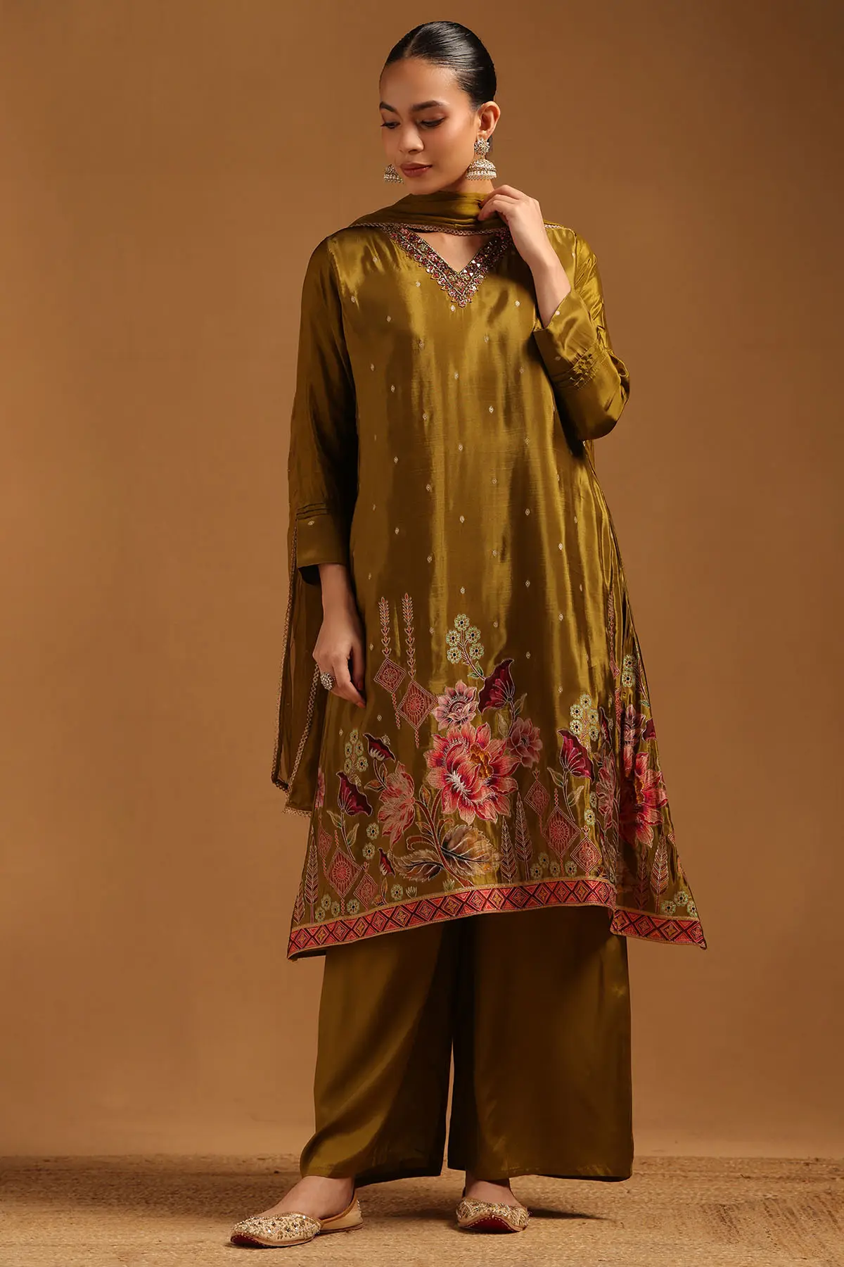 Olive Dola Silk Floral Suit Set With Aari Embroidery and Stonework | Soch Olive Dola Silk Floral Suit Set With Aari Embroidery and Stonework | Soch