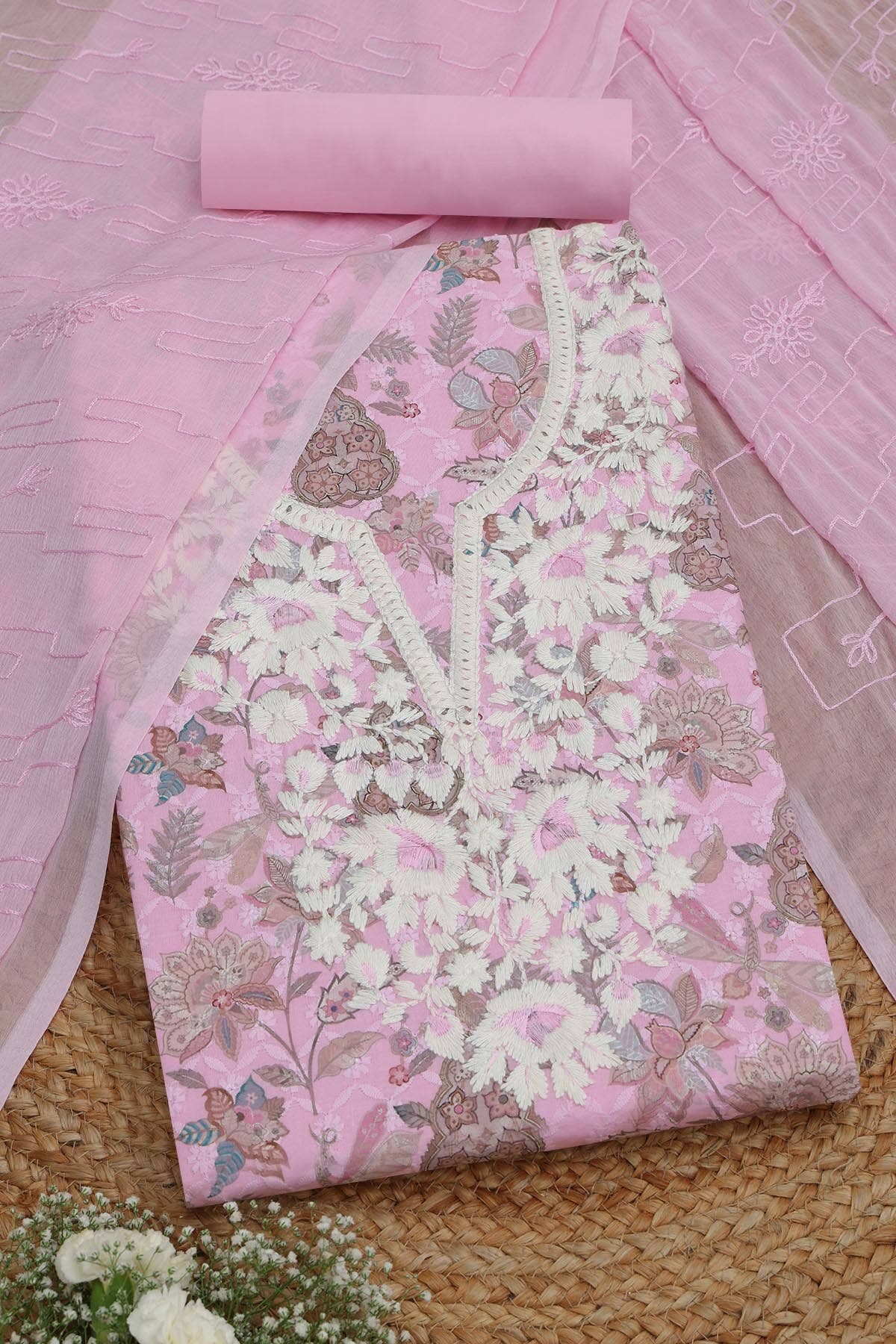 Pink Cotton Botanical Print Unstitched Dress Material With Thread Work Pink Cotton Botanical Print Unstitched Dress Material With Thread Work