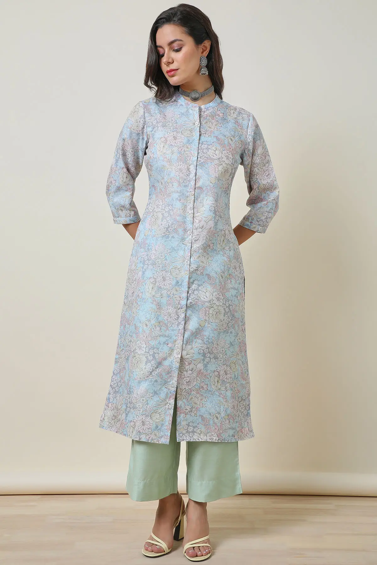 Powder Blue Floral Print Rayon Kurta | Soch Powder Blue Floral Print Rayon Kurta | Soch