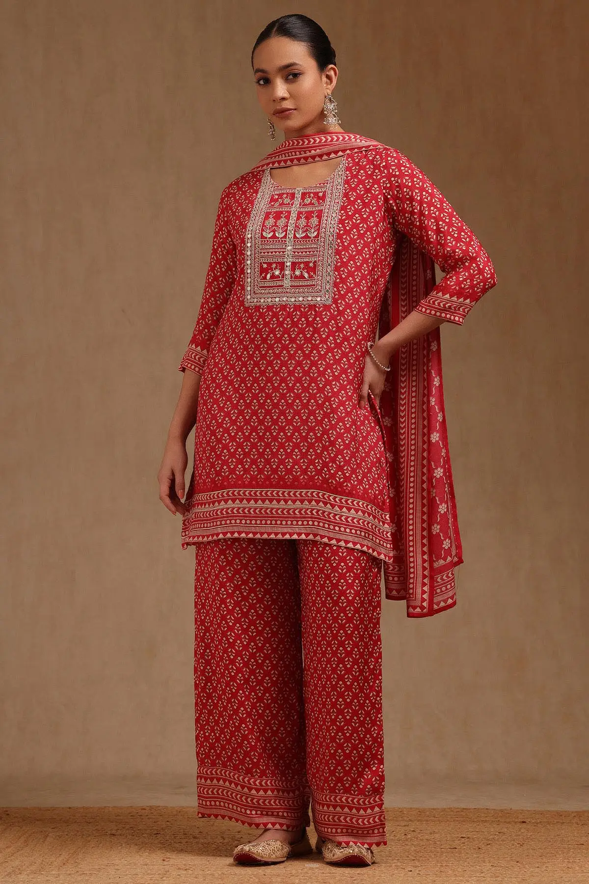 Red Muslin Floral Print Suit Set With Faux Mirror | Soch Red Muslin Floral Print Suit Set With Faux Mirror | Soch