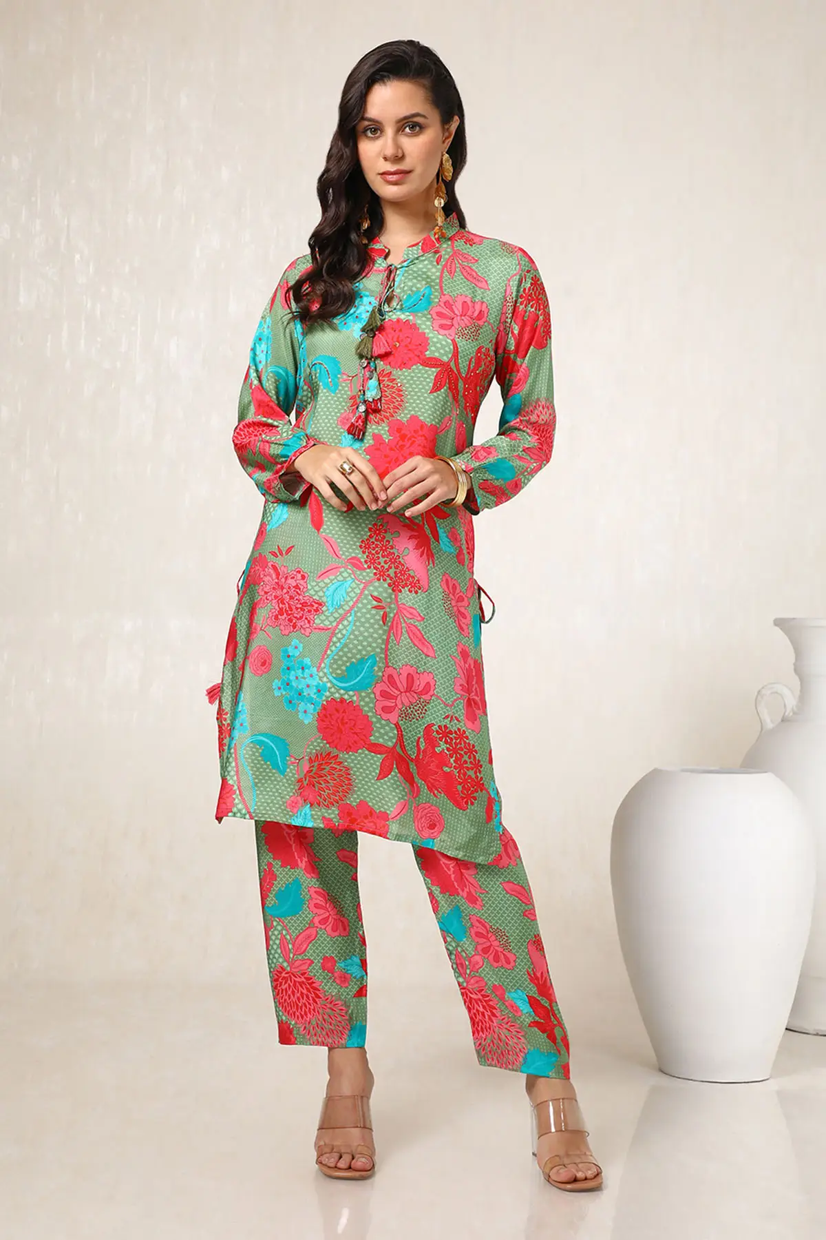 Sap Green Viscose Muslin Floral Print Co-Ord Set With sequin Work | Soch Sap Green Viscose Muslin Floral Print Co-Ord Set With sequin Work | Soch