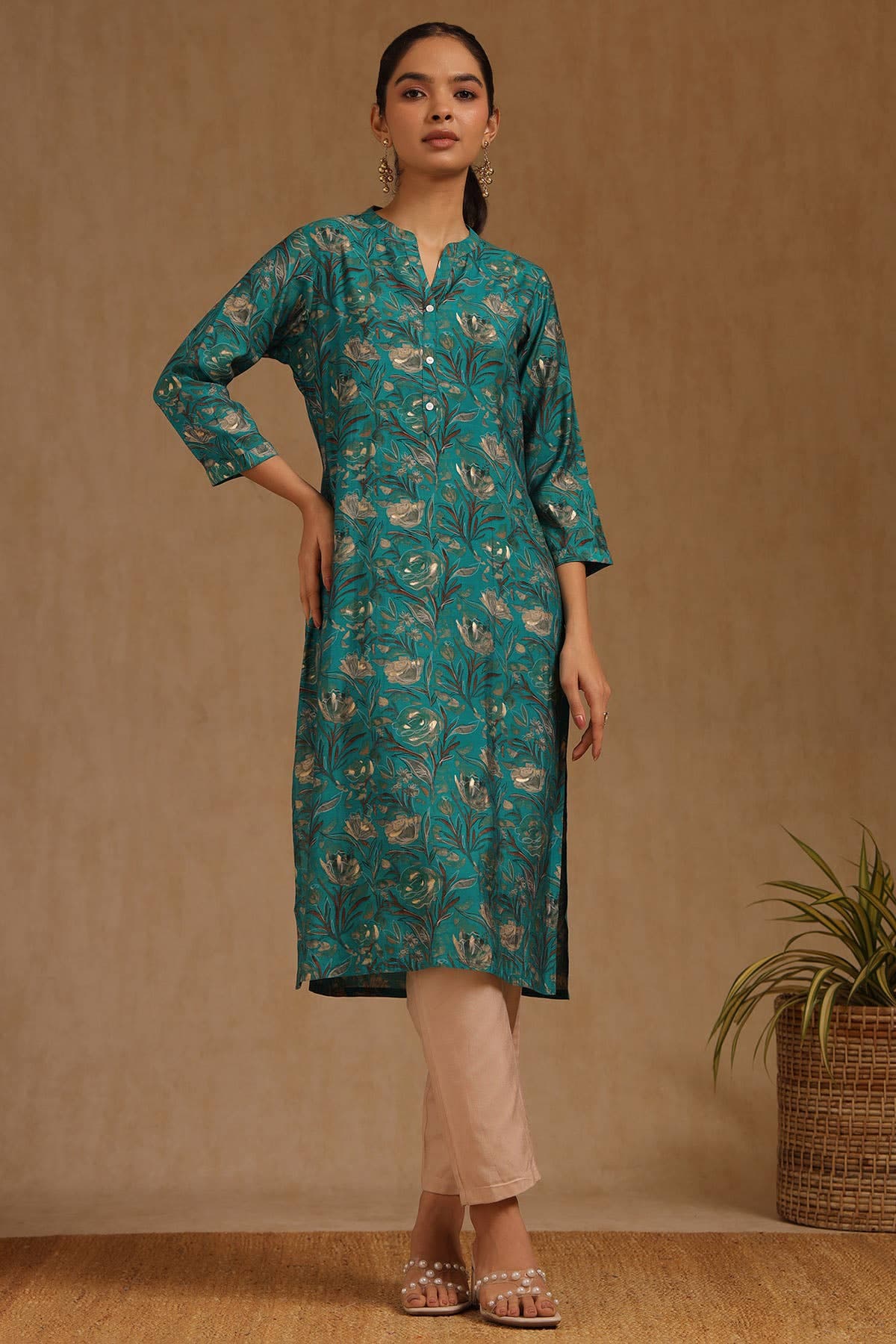 Teal Muslin Floral Print Kurta | Soch Teal Muslin Floral Print Kurta | Soch
