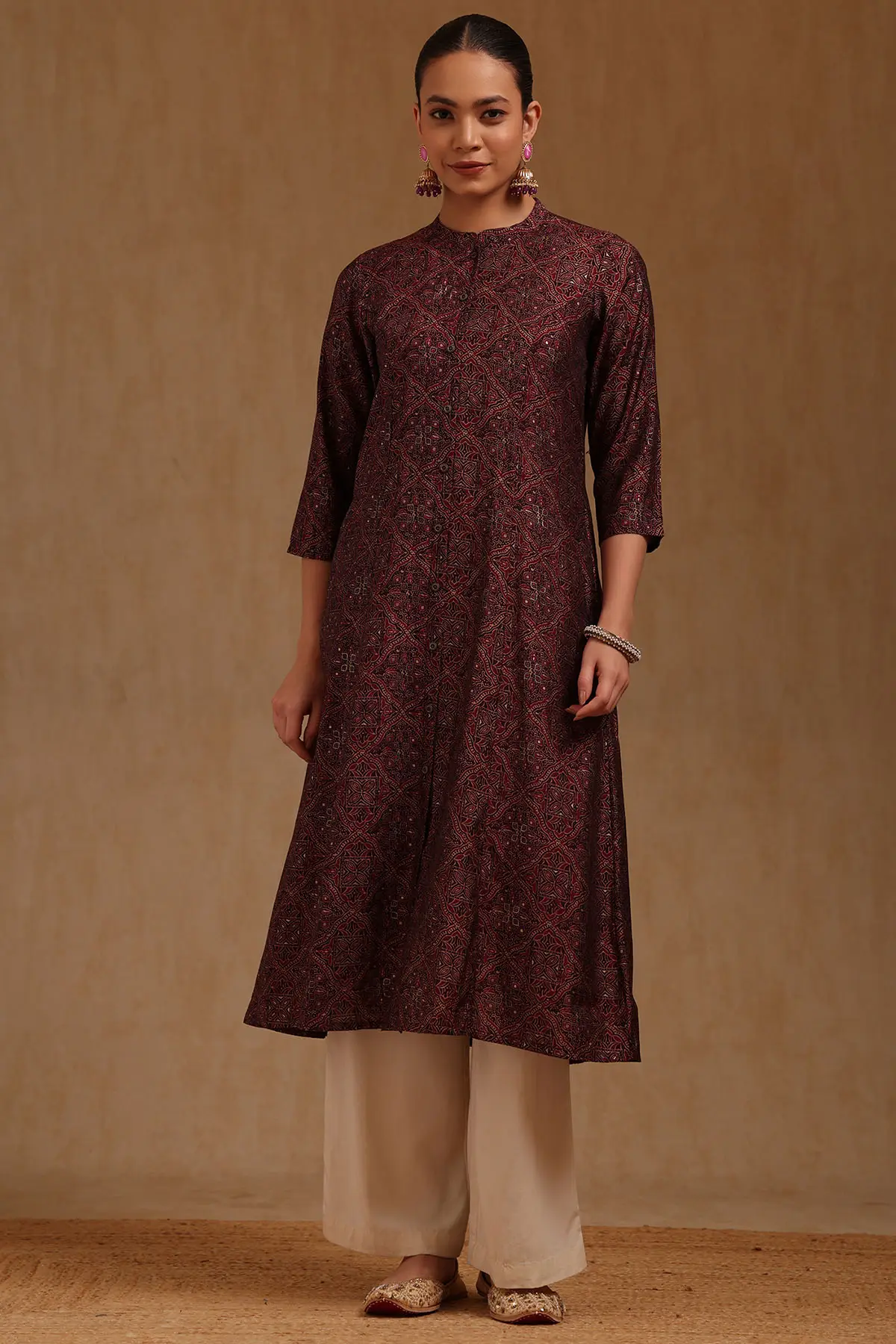 Wine Muslin Ethnic Motifs Kurta | Soch Wine Muslin Ethnic Motifs Kurta | Soch
