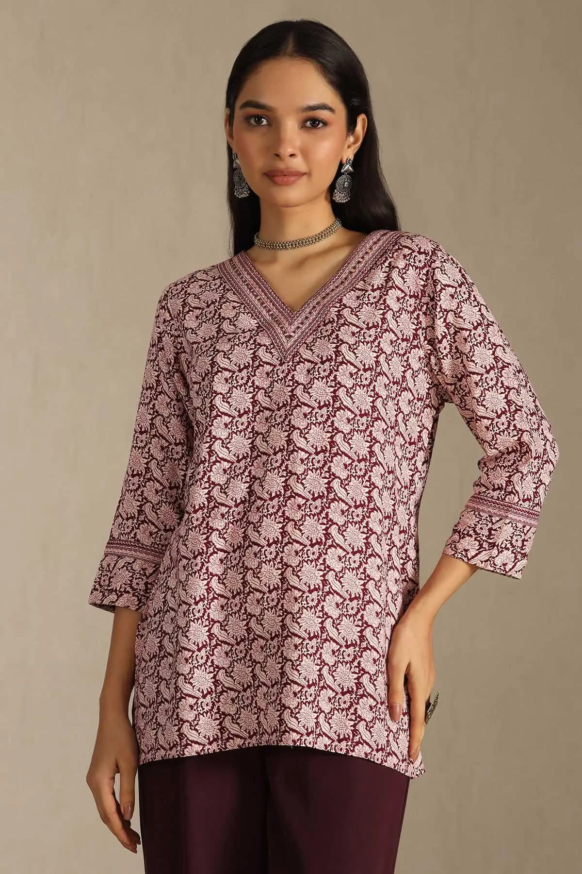 Wine Rayon Floral Print Tunic With Mirror Work | Soch Wine Rayon Floral Print Tunic With Mirror Work | Soch