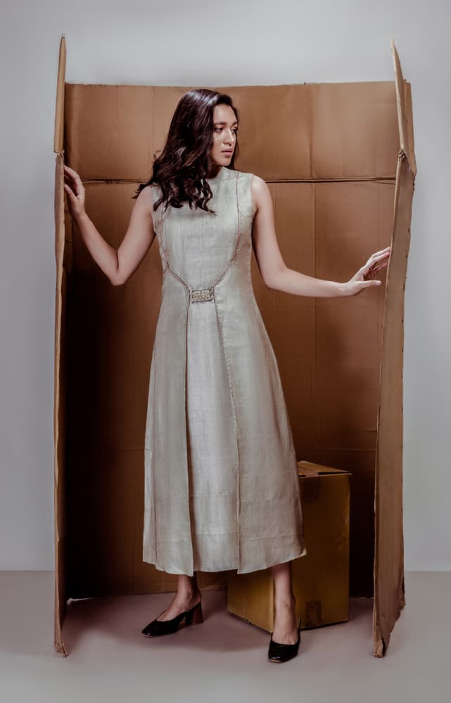 Beige Striped Tussar Silk Dress | Synonym Clothing Beige Striped Tussar Silk Dress | Synonym Clothing