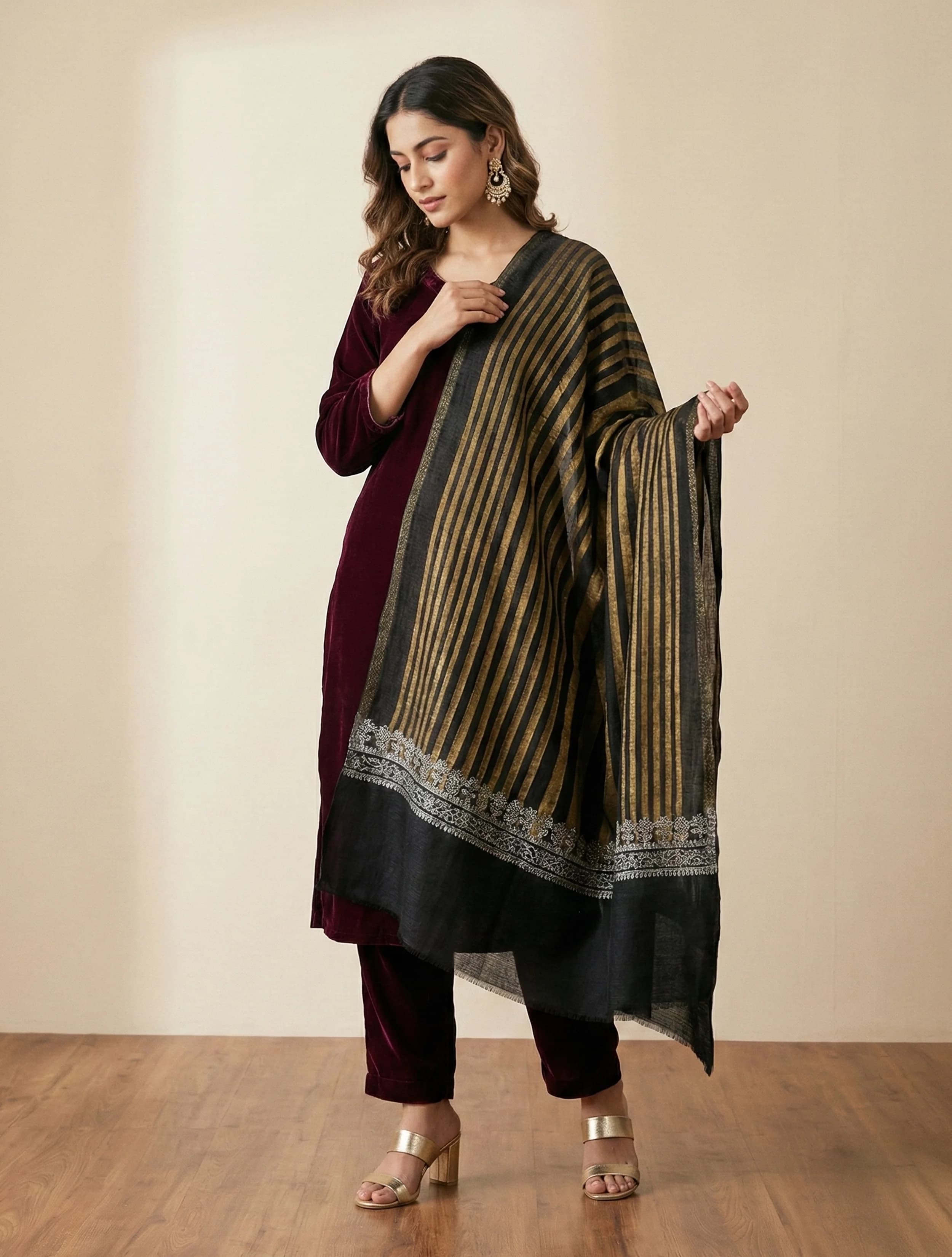 trueBrowns Golden Black Embroidered Stripe Stole | True Browns trueBrowns Golden Black Embroidered Stripe Stole | True Browns
