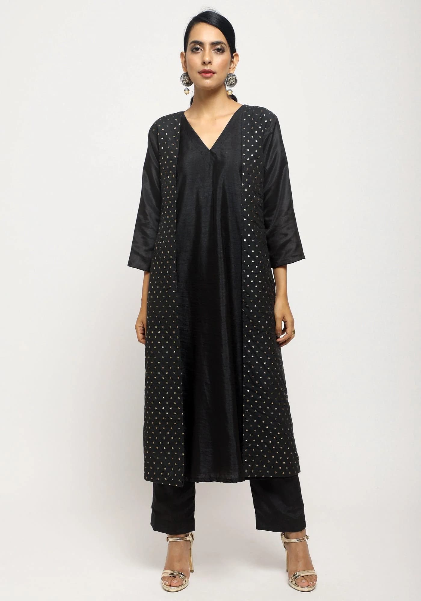 Black Silk Kurta Jacket Set | True Browns Black Silk Kurta Jacket Set | True Browns
