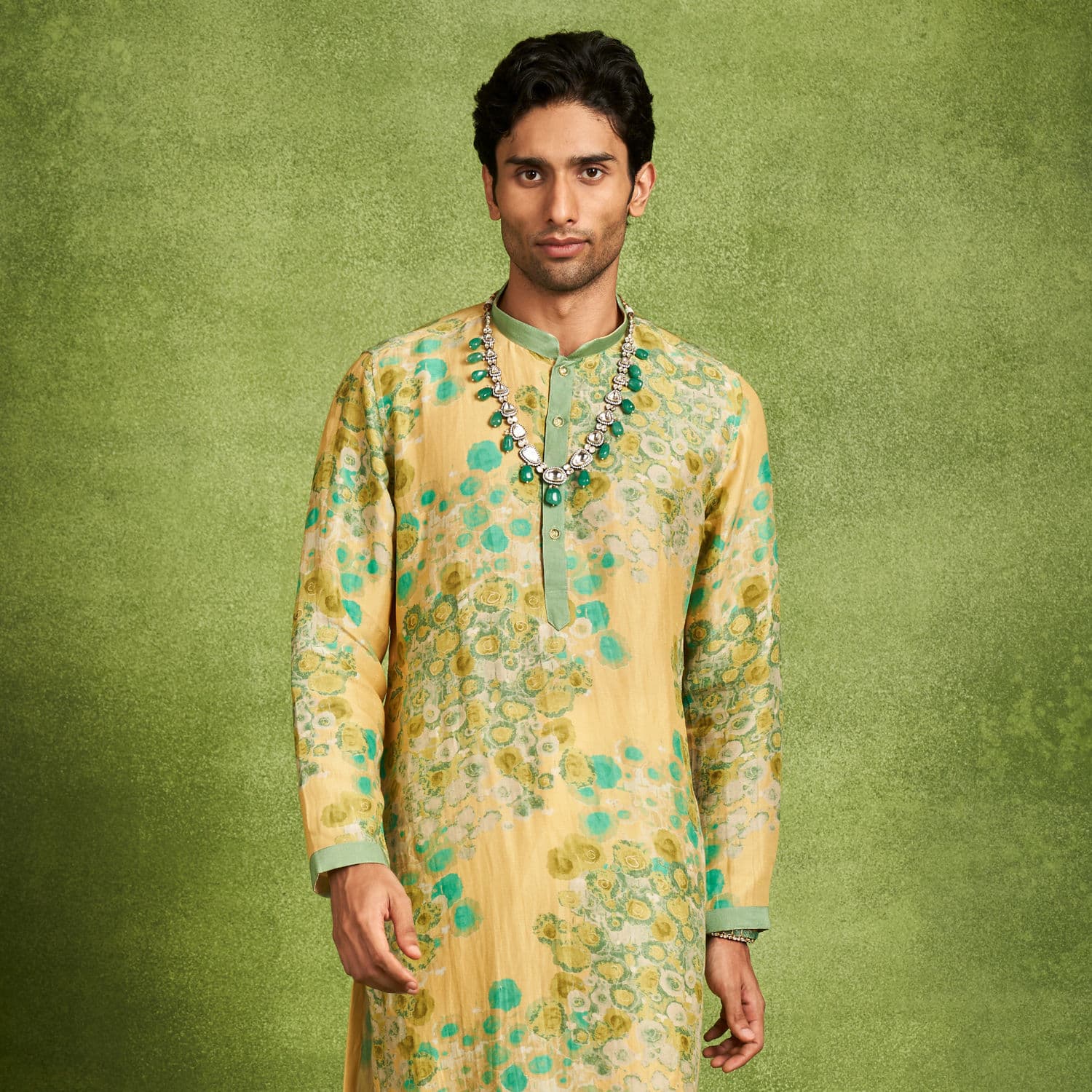 Yellow & Teal Silk Printed Kurta Set | Twamev Yellow & Teal Silk Printed Kurta Set | Twamev