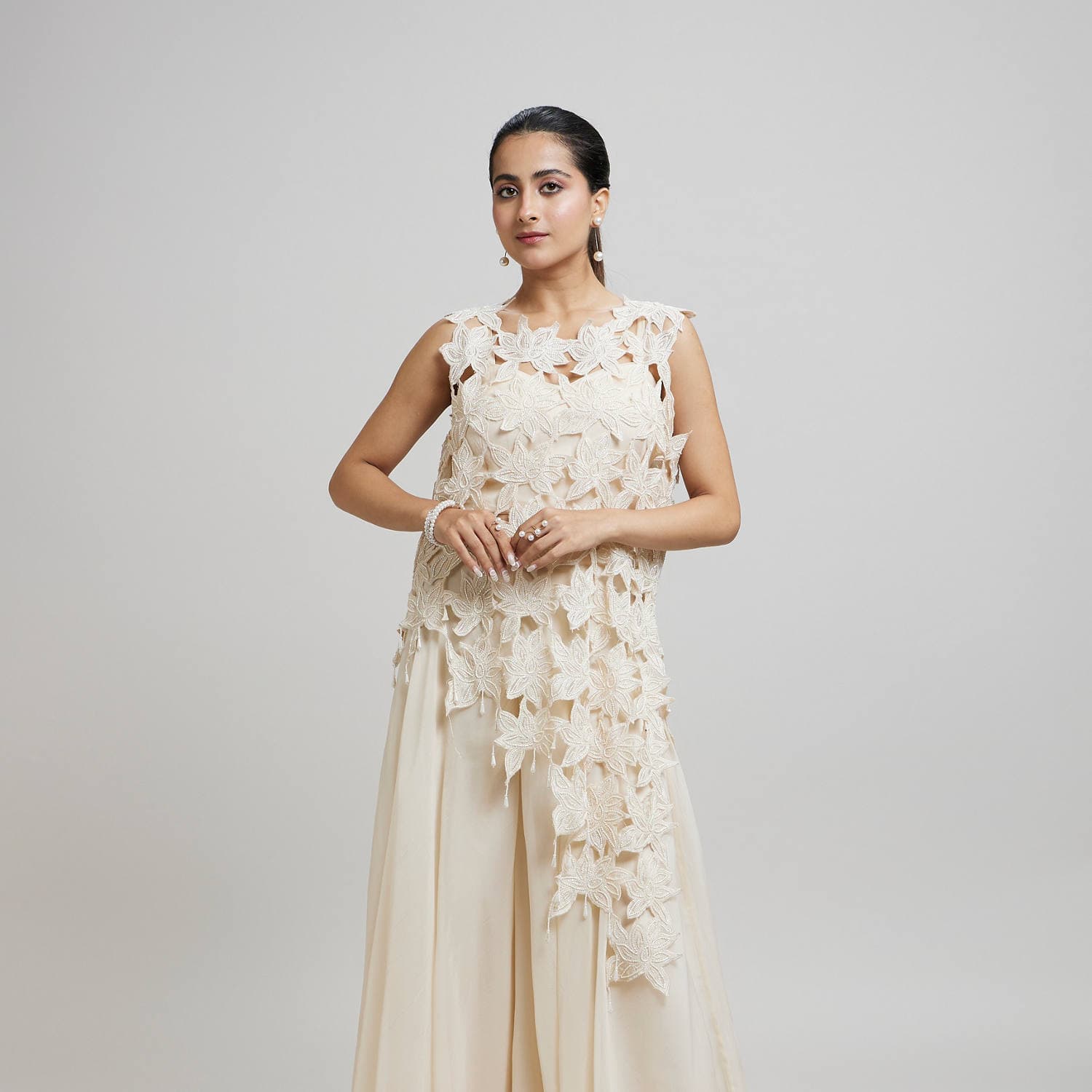 Cream Organza Cutwork Top Sharara Set | Twamev Cream Organza Cutwork Top Sharara Set | Twamev