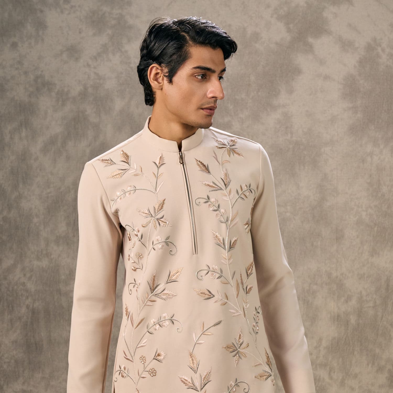 Beige Crepe Floral Embroidered Kurta Pant Set | Twamev Beige Crepe Floral Embroidered Kurta Pant Set | Twamev