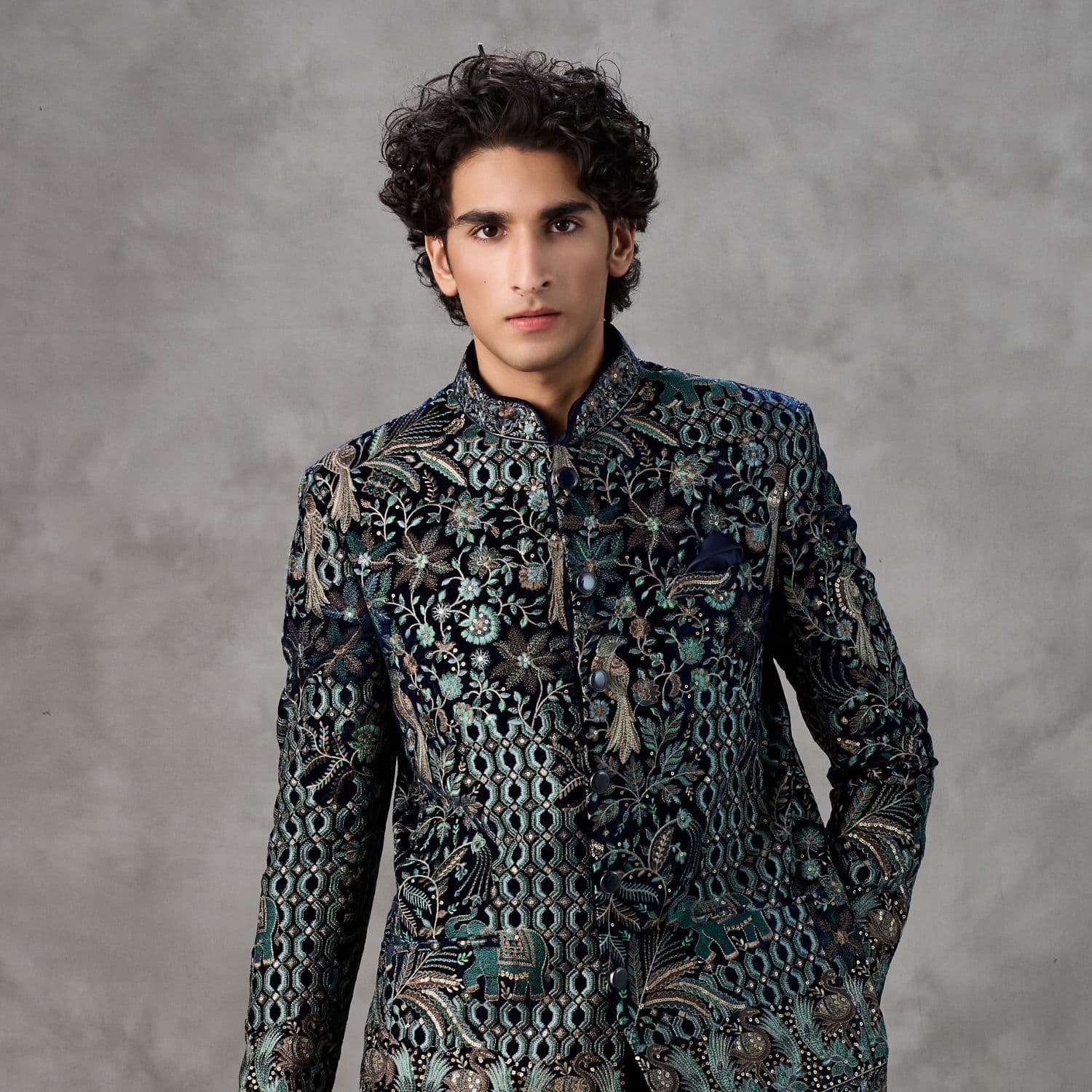 Navy Velvet Zardozi Embroidered Jodhpuri Set | Twamev Navy Velvet Zardozi Embroidered Jodhpuri Set | Twamev