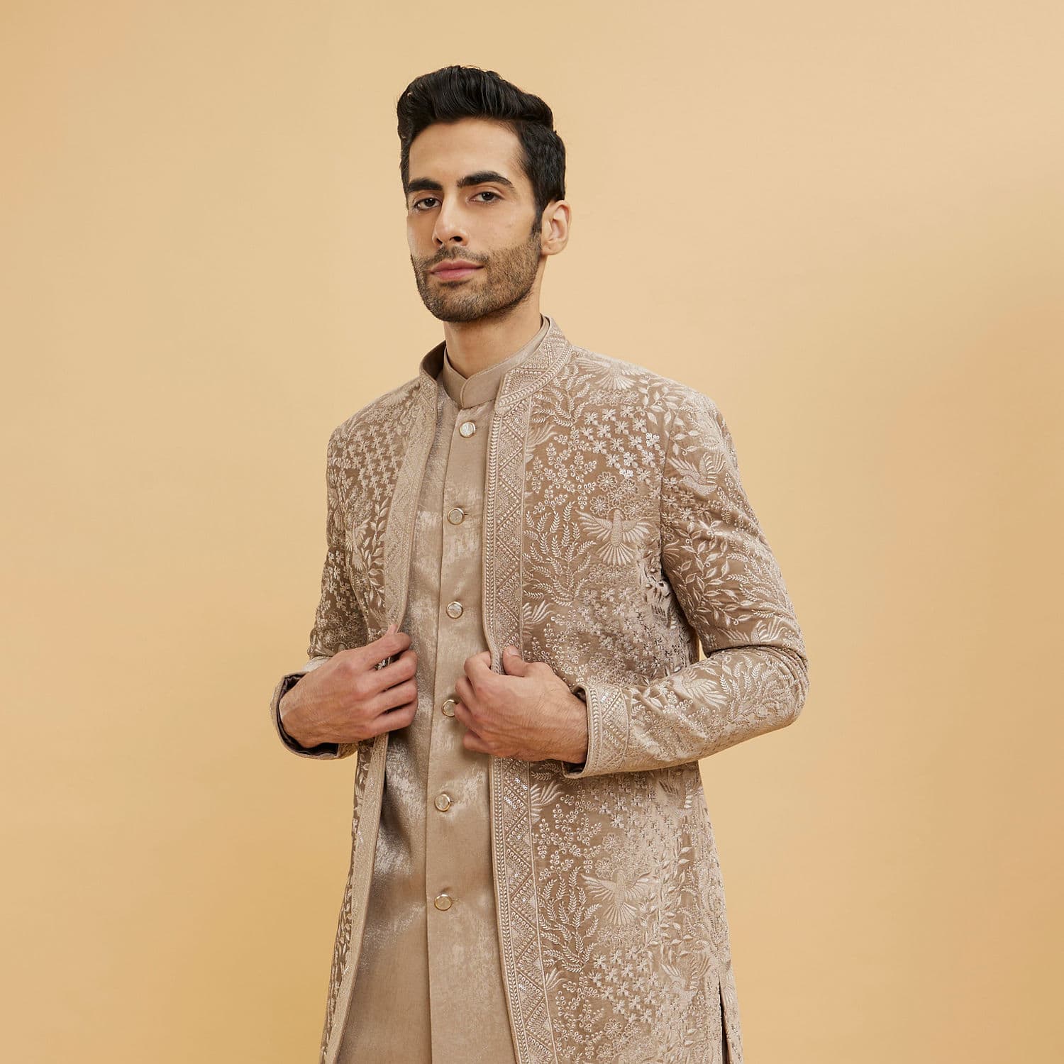 Fawn Floral Parsi Gara Embroidered Indo Western Set Fawn Floral Parsi Gara Embroidered Indo Western Set