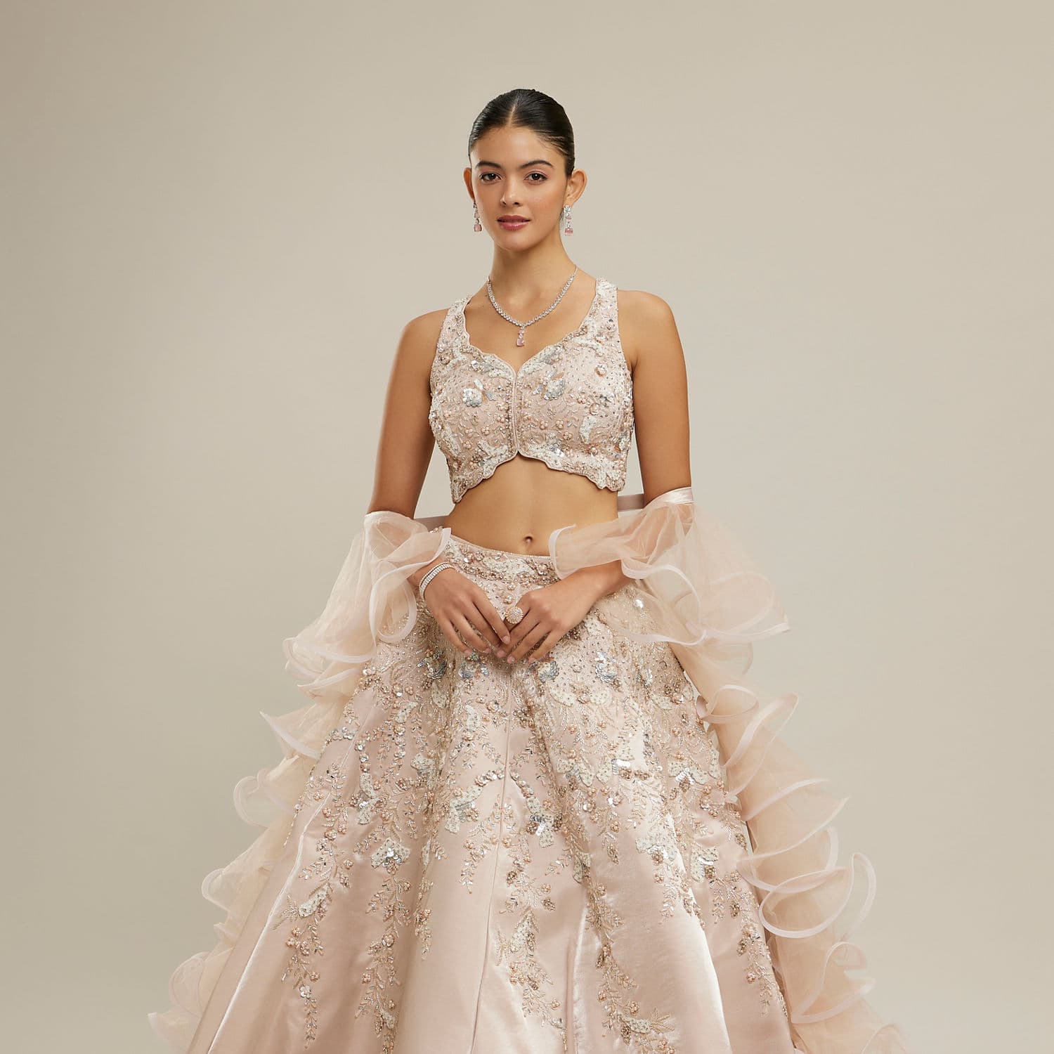 Pink Organza Aari Embroidered Ruffle Lehenga | Twamev Pink Organza Aari Embroidered Ruffle Lehenga | Twamev