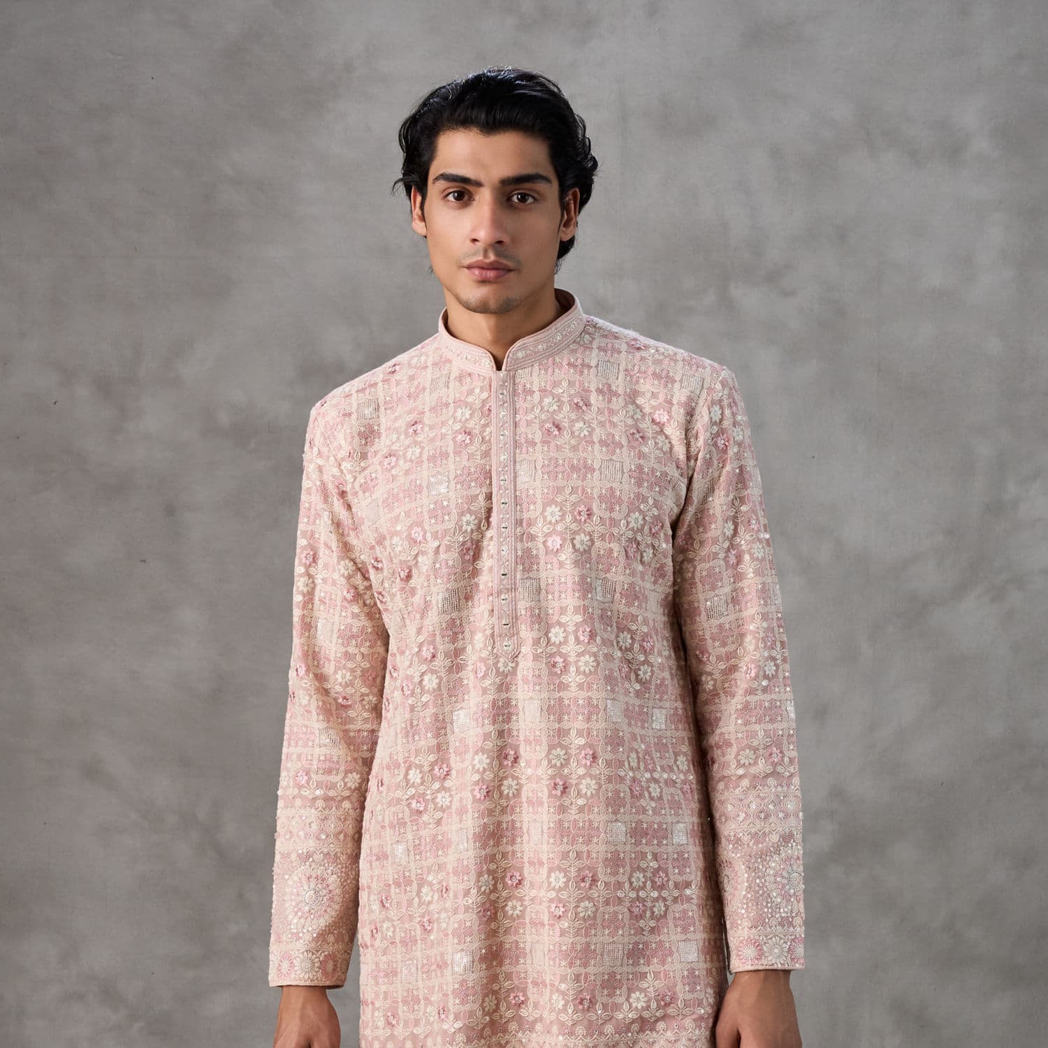Pink Georgette Grid Embroidered Kurta Set | Twamev Pink Georgette Grid Embroidered Kurta Set | Twamev