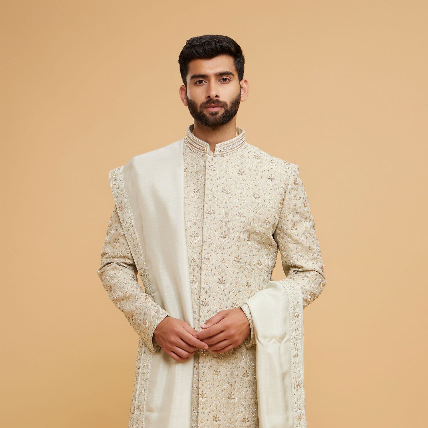Pista Green Silk Zari Embroidered Sherwani | Twamev Pista Green Silk Zari Embroidered Sherwani | Twamev