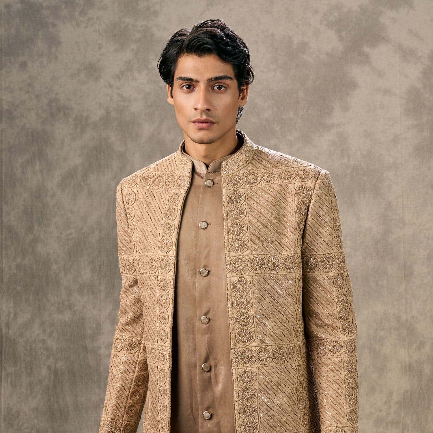 Fawn Silk Thread Embroidered Indo Western Set | Twamev Fawn Silk Thread Embroidered Indo Western Set | Twamev
