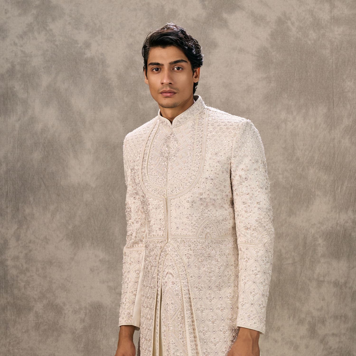 Ivory Silk Resham Hand Embroidered Sherwani | Twamev Ivory Silk Resham Hand Embroidered Sherwani | Twamev