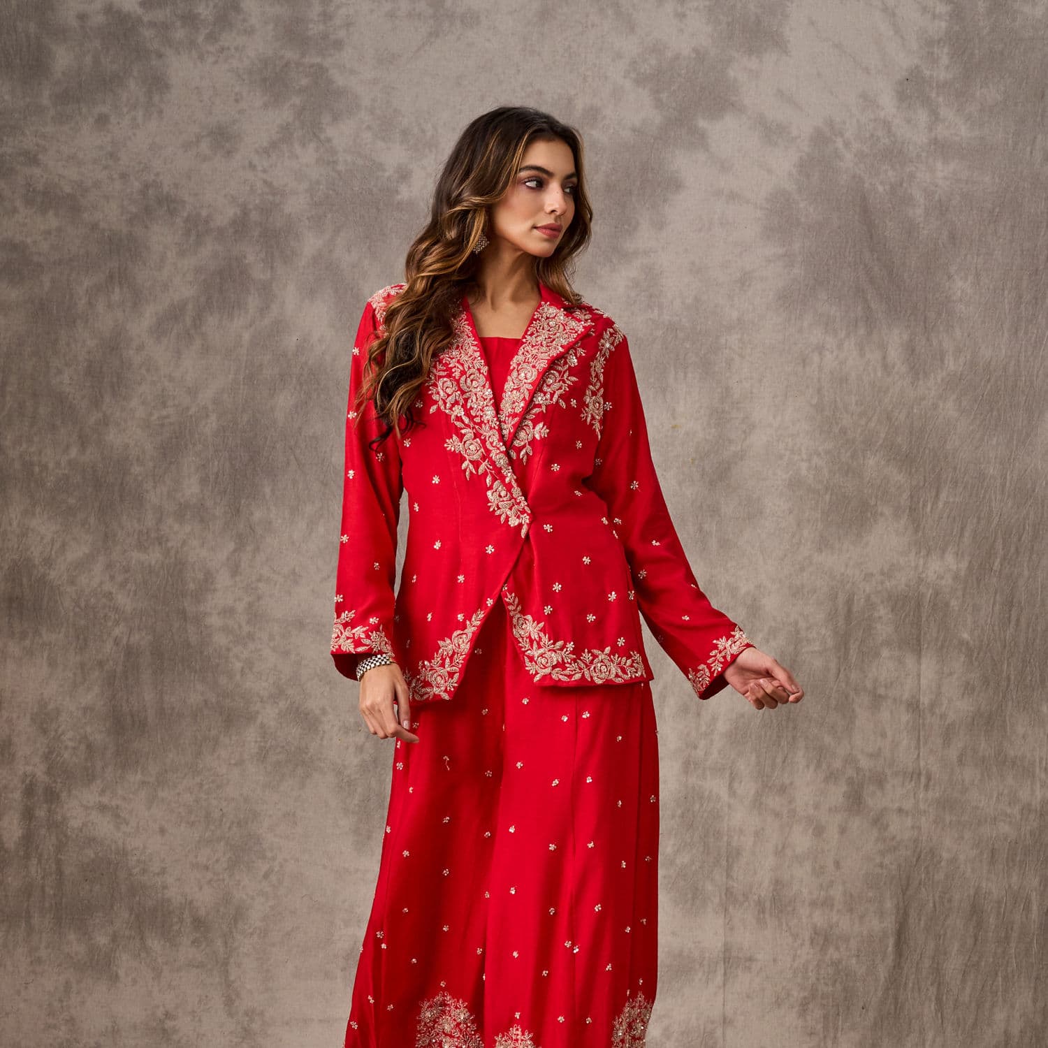 Red Silk Hand Embroidered Jacket With Pant Suit | Twamev Red Silk Hand Embroidered Jacket With Pant Suit | Twamev