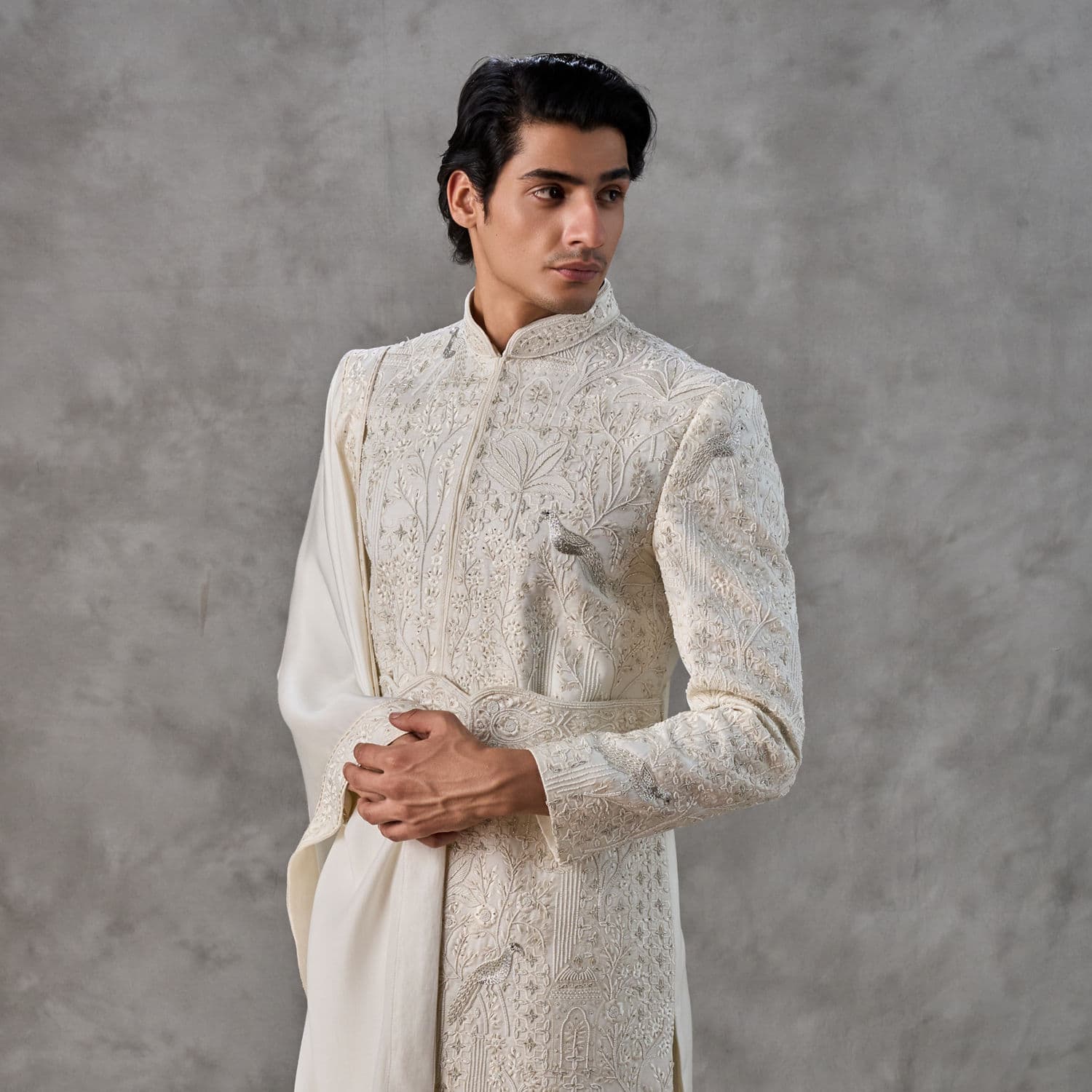 Ivory Silk Mughal Aari Embroidered Sherwani | Twamev Ivory Silk Mughal Aari Embroidered Sherwani | Twamev
