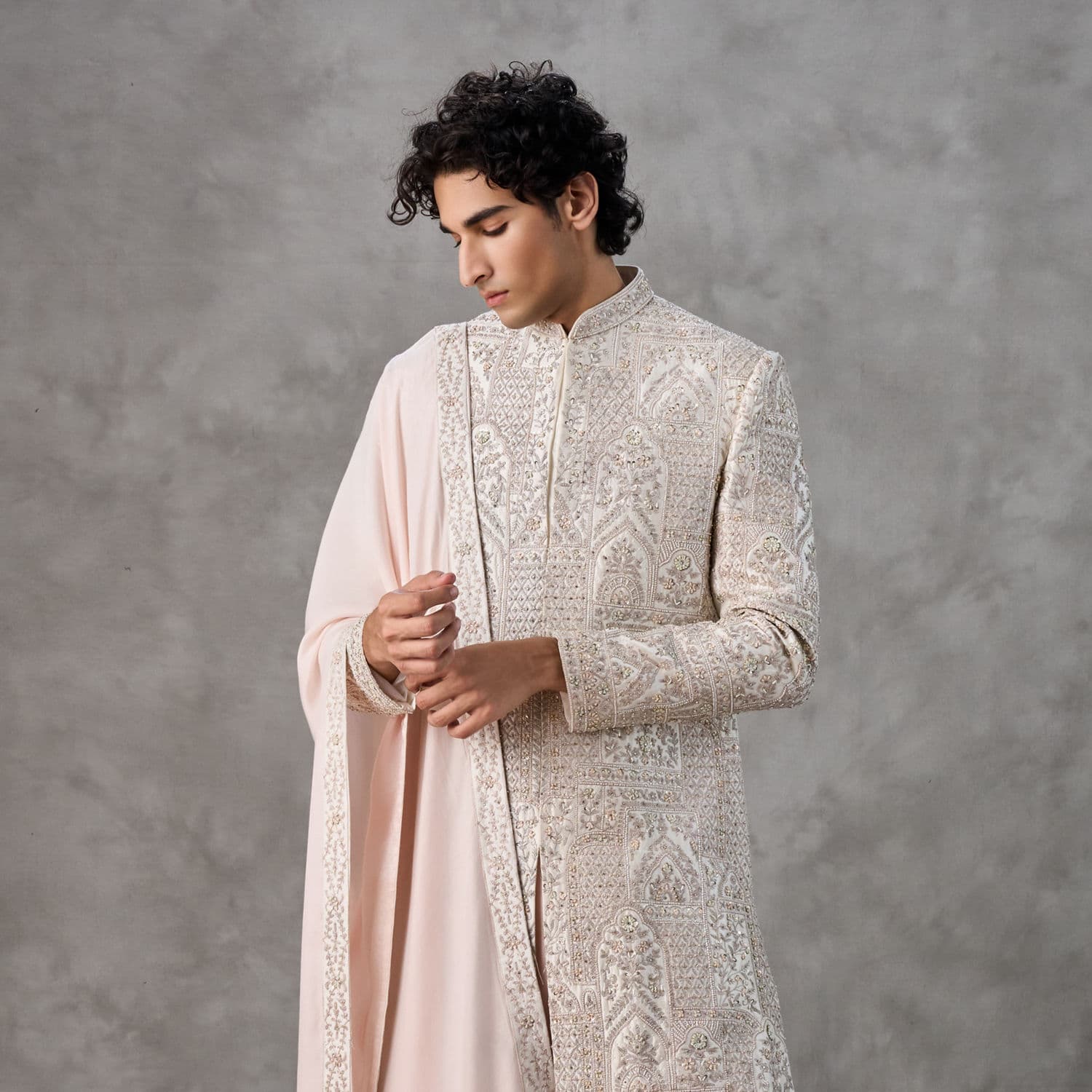 Ivory Pink Silk Zardosi Embroidered Sherwani | Twamev Ivory Pink Silk Zardosi Embroidered Sherwani | Twamev