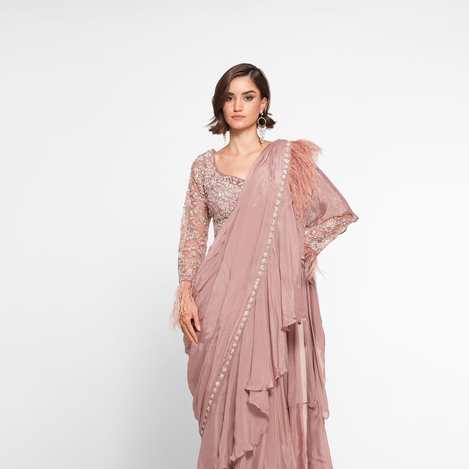 Dusty Pink Georgette Sequin Feather Embellished Draped Saree | Twamev Dusty Pink Georgette Sequin Feather Embellished Draped Saree | Twamev
