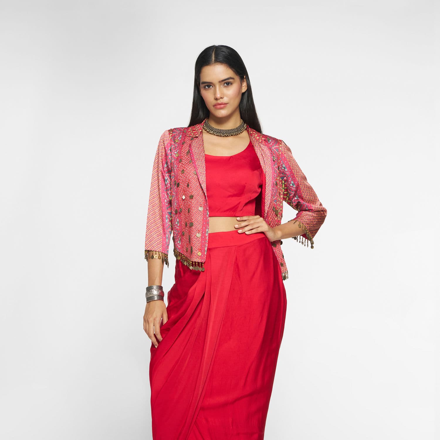 Red Silk Embroidered Jacket With Croptop Draped Skirt | Twamev Red Silk Embroidered Jacket With Croptop Draped Skirt | Twamev