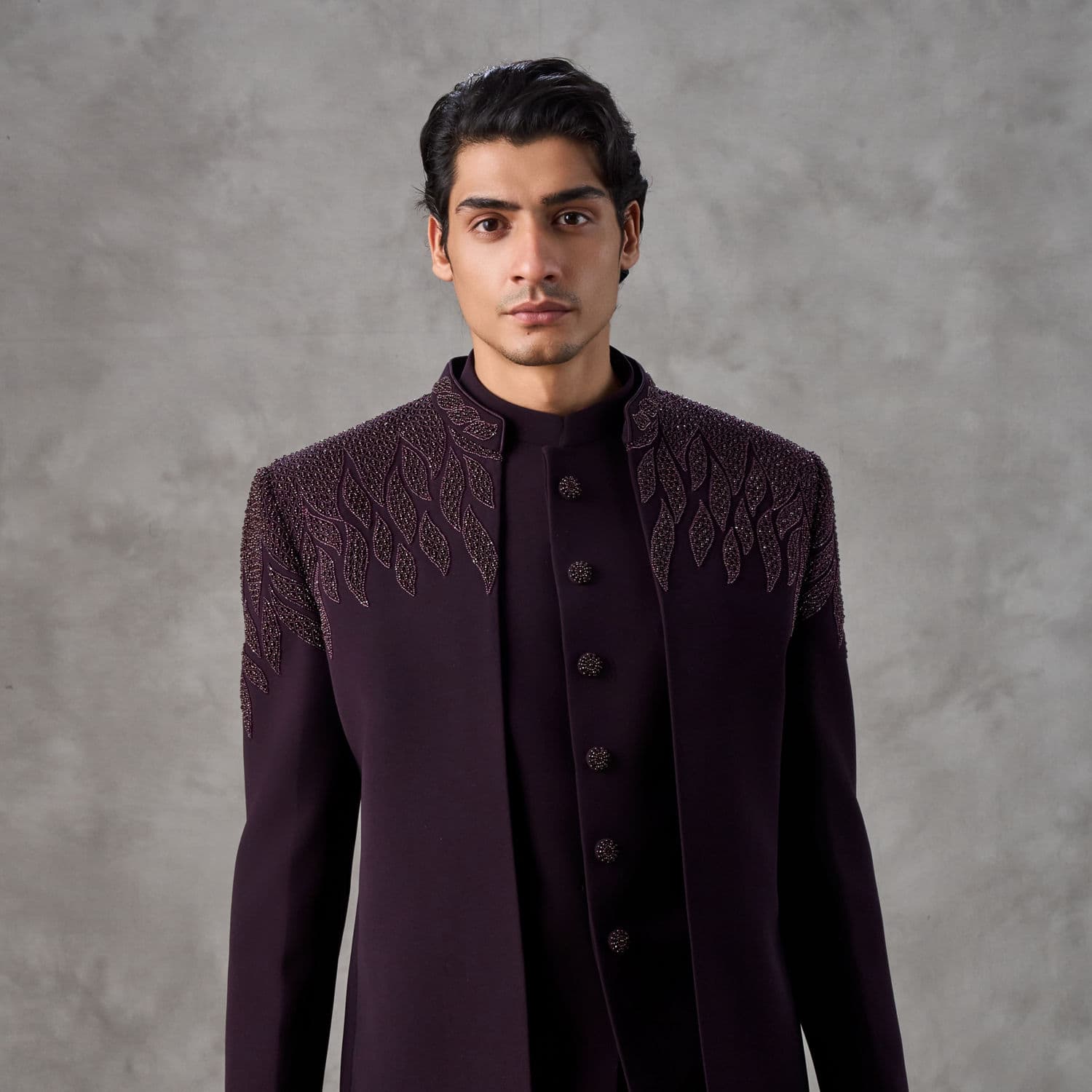 Wine Embroidered Crepe Bandhgala Jodhpuri Set Wine Embroidered Crepe Bandhgala Jodhpuri Set