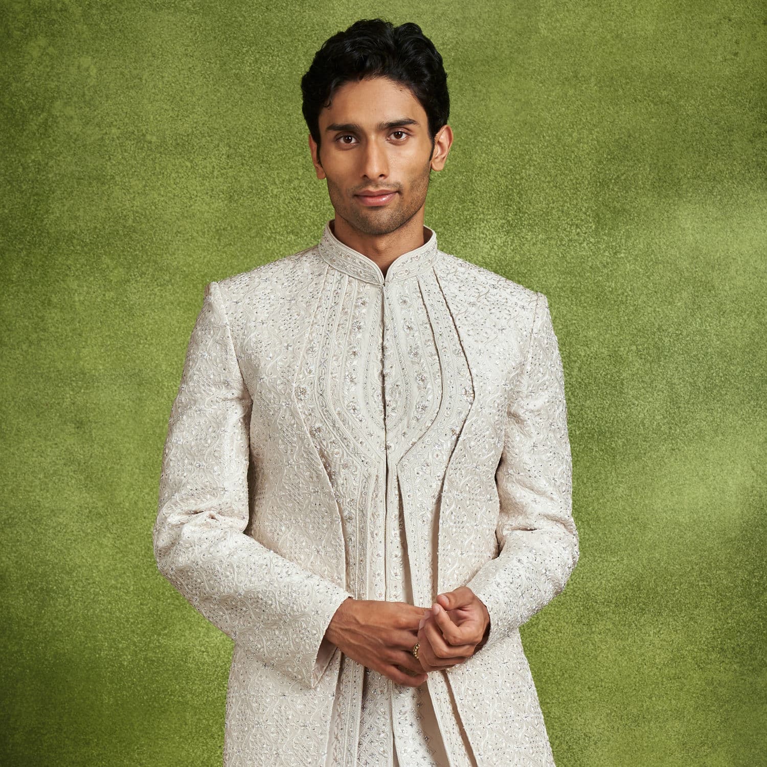 Ivory Silk Resham Embroidered Layered Sherwani | Twamev Ivory Silk Resham Embroidered Layered Sherwani | Twamev