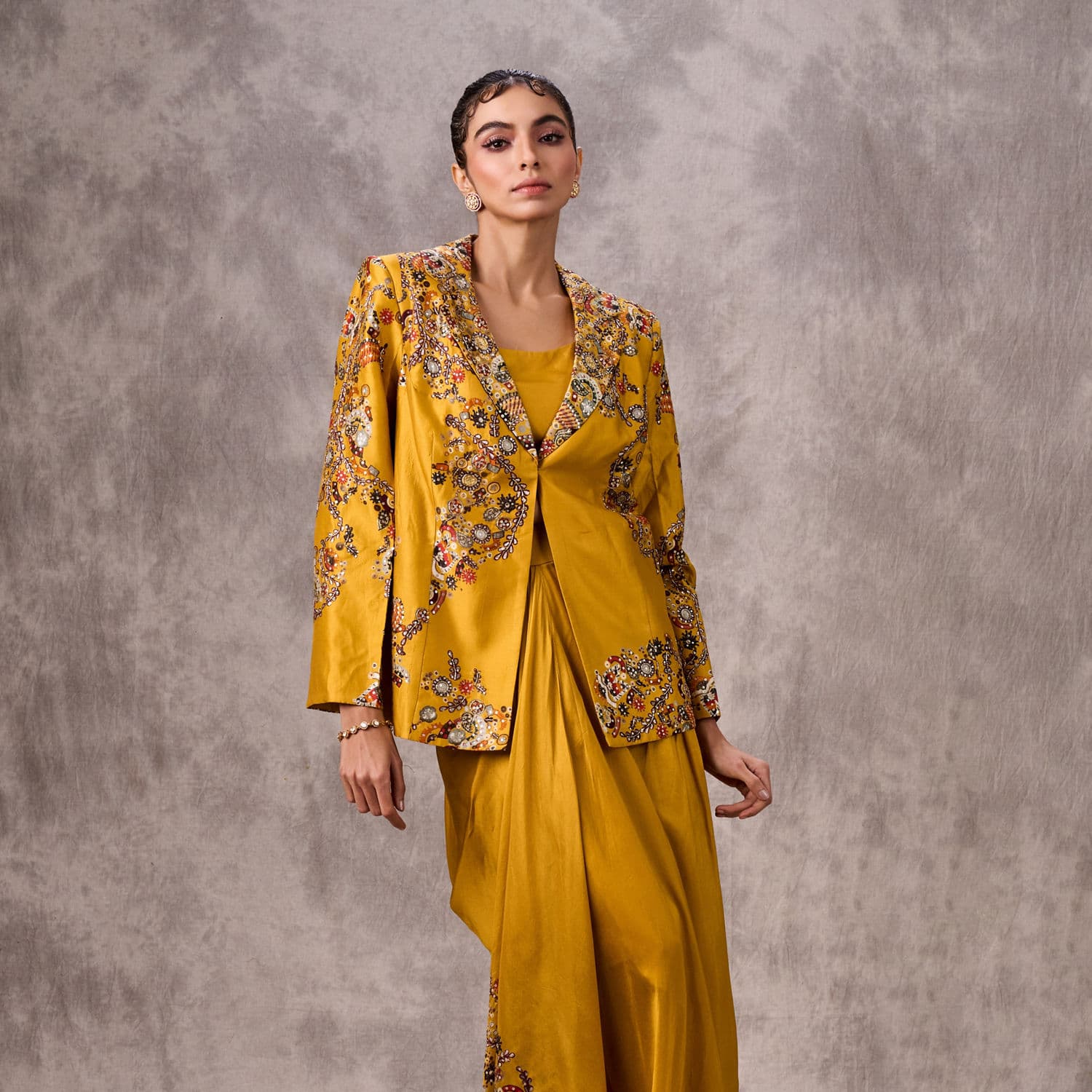 Mustard Yellow Silk Print Embroidered Jacket Draped Skirt Set | Twamev Mustard Yellow Silk Print Embroidered Jacket Draped Skirt Set | Twamev